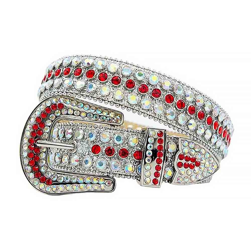 Unisex Silver Leather Belt with Iridescent and Red Color Real Rhinestones & Classic Silver Buckle Add a touch of luxury and sparkle to your outfit with the Unisex Silver Shimmer Leather Belt from Real Rhinestone. Featuring a sleek Silver leather strap, this stylish belt is adorned with Iridescent and Red Color diamond rhinestones, creating a bold and glamorous look. The Silver buckle, decorated with Iridescent and Red crystal rhinestones, enhances the design with extra shine and sophistication. Designed for versatility and comfort, this belt is perfect for both casual and dressy occasions. Whether you're looking to complete a hip-hop-inspired outfit, make a statement at an event, or simply add some extra bling to your wardrobe, this belt is the perfect accessory. Its adjustable fit ensures all-day comfort, while the high-quality materials guarantee durability and long-lasting wear. Elevate your style effortlessly with the Unisex Silver Shimmer Leather Belt. Whether you're hitting the stage, going out with friends, or just upgrading your everyday look, this belt is a must-have. Order now from Real Rhinestone and bring some diamond-studded brilliance to your collection. Material: Premium Leather Rhinestone: Luxury Hand-Set High-Gloss Crystal Diamond Embellishments Buckle Type: Classic Horseshoe Zinc Buckle Set Featuring Engraved Design & Sparkling Rhinestones Width: 4cm (1.5 Inch) Style: Streetwear, Cowboy, Western, Partywear, Festivals & Performances, Fashion, Hip Hop, Bling, Diamond Belt Measurement: Please note that measurements may vary by 1-2 cm. Our belts are measured from the fold where the buckle is attached to the middle hole. For the best fit, we recommend measuring a belt you already own from the fold to the hole you use most frequently. Ideally, the belt should be worn on the third hole for optimal fit and comfort.