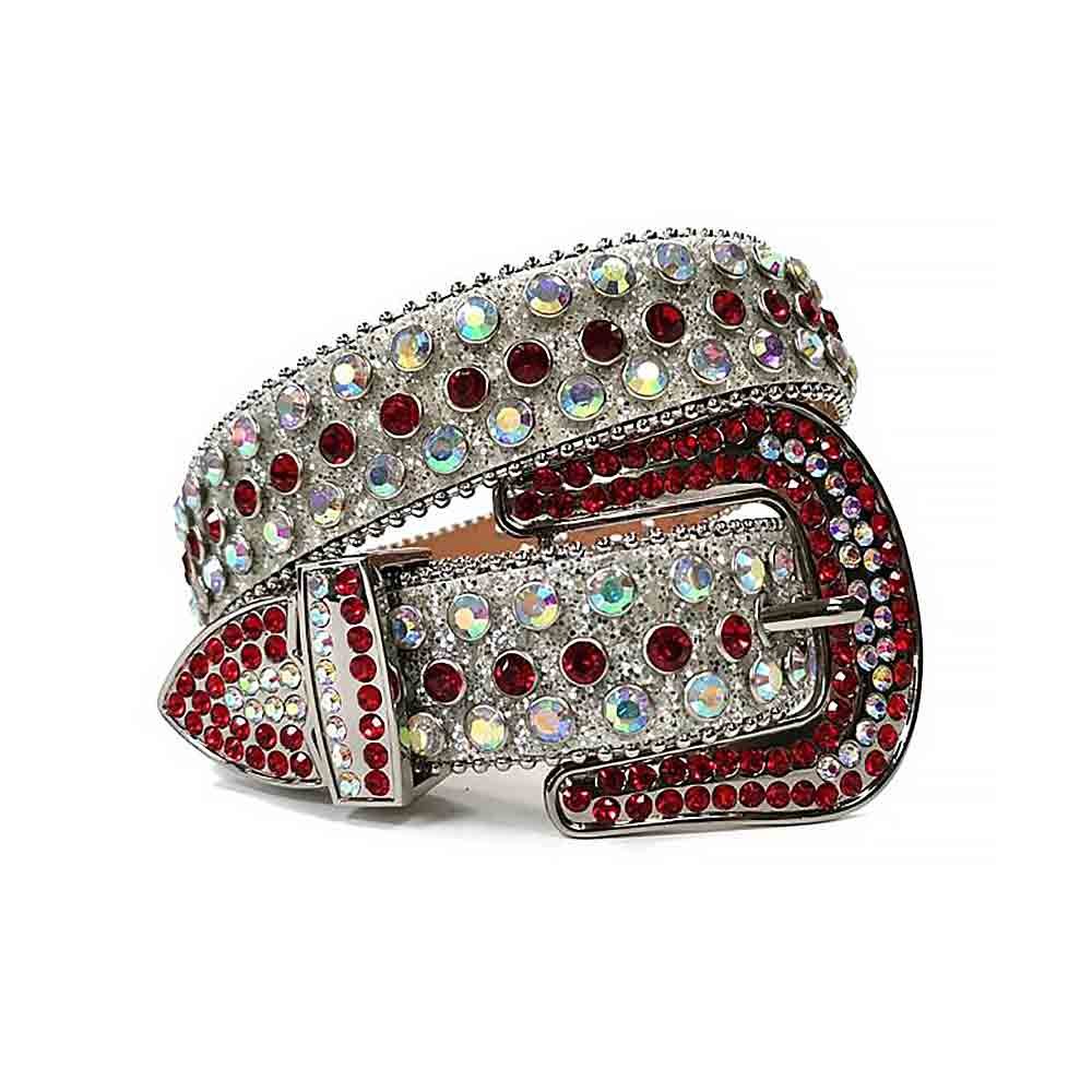 Unisex Silver Leather Belt with Red and Iridescent Color Real Rhinestones & Classic Silver Buckle Add a touch of luxury and sparkle to your outfit with the Unisex Silver Leather Belt from Real Rhinestone. Featuring a sleek Silver leather strap, this stylish belt is adorned with Red and Iridescent Color and  silver diamond rhinestones, creating a bold and glamorous look. The Silver buckle, decorated with red and Iridescent crystal rhinestones, enhances the design with extra shine and sophistication. Designed for versatility and comfort, this belt is perfect for both casual and dressy occasions. Whether you're looking to complete a hip-hop-inspired outfit, make a statement at an event, or simply add some extra bling to your wardrobe, this belt is the perfect accessory. Its adjustable fit ensures all-day comfort, while the high-quality materials guarantee durability and long-lasting wear. Elevate your style effortlessly with the Unisex Red and White Iridescent Color Leather Belt. Whether you're hitting the stage, going out with friends, or just upgrading your everyday look, this belt is a must-have. Order now from Real Rhinestone and bring some diamond-studded brilliance to your collection. Material: Premium Leather Rhinestone: Luxury Hand-Set High-Gloss Crystal Diamond Embellishments Buckle Type: Classic Horseshoe Zinc Buckle Set Featuring Engraved Design & Sparkling Rhinestones Width: 4cm (1.5 Inch) Style: Streetwear, Cowboy, Western, Partywear, Festivals & Performances, Fashion, Hip Hop, Bling, Diamond Belt Measurement: Please note that measurements may vary by 1-2 cm. Our belts are measured from the fold where the buckle is attached to the middle hole. For the best fit, we recommend measuring a belt you already own from the fold to the hole you use most frequently. Ideally, the belt should be worn on the third hole for optimal fit and comfort.