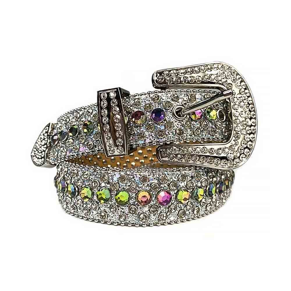 Unisex Silver Leather Belt with Silver and Multi Color Real Rhinestones & Classic Silver Buckle Add a touch of luxury and sparkle to your outfit with the Unisex Silver Leather Belt from Real Rhinestone. Featuring a sleek Silver leather strap, this stylish belt is adorned with Multi Color and silver diamond rhinestones, creating a bold and glamorous look. The Silver buckle, decorated with white crystal rhinestones, enhances the design with extra shine and sophistication. Designed for versatility and comfort, this belt is perfect for both casual and dressy occasions. Whether you're looking to complete a hip-hop-inspired outfit, make a statement at an event, or simply add some extra bling to your wardrobe, this belt is the perfect accessory. Its adjustable fit ensures all-day comfort, while the high-quality materials guarantee durability and long-lasting wear. Elevate your style effortlessly with the Unisex Multi Color and Silver Leather Belt. Whether you're hitting the stage, going out with friends, or just upgrading your everyday look, this belt is a must-have. Order now from Real Rhinestone and bring some diamond-studded brilliance to your collection. Material: Premium Leather Rhinestone: Luxury Hand-Set High-Gloss Crystal Diamond Embellishments Buckle Type: Classic Horseshoe Zinc Buckle Set Featuring Engraved Design & Sparkling Rhinestones Width: 4cm (1.5 Inch) Style: Streetwear, Cowboy, Western, Partywear, Festivals & Performances, Fashion, Hip Hop, Bling, Diamond Belt Measurement: Please note that measurements may vary by 1-2 cm. Our belts are measured from the fold where the buckle is attached to the middle hole. For the best fit, we recommend measuring a belt you already own from the fold to the hole you use most frequently. Ideally, the belt should be worn on the third hole for optimal fit and comfort.