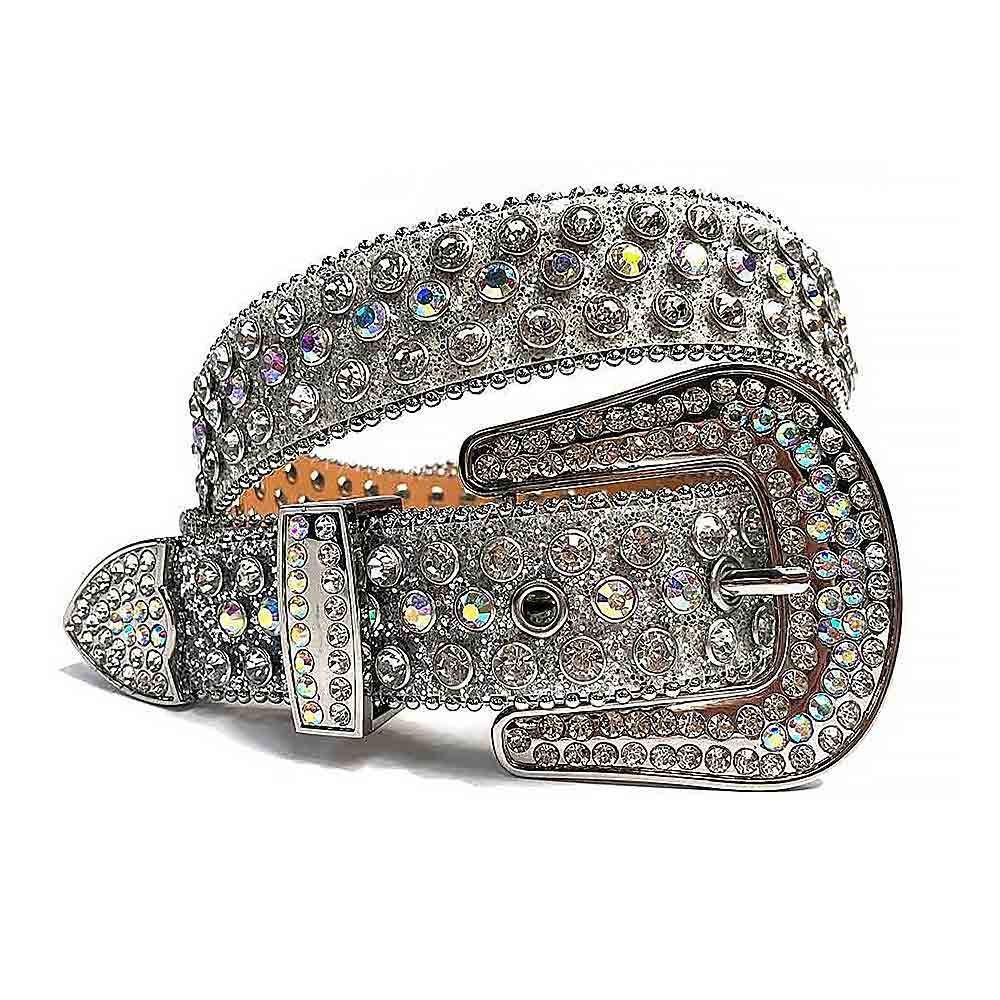 Unisex Silver Leather Belt with Silver and Multi Color Real Rhinestones & Classic Silver Buckle Add a touch of luxury and sparkle to your outfit with the Unisex Silver Leather Belt from Real Rhinestone. Featuring a silver leather strap, this stylish belt is adorned with Multi Color and diamond white rhinestones, creating a bold and glamorous look. The Silver buckle, decorated with silver crystal rhinestones, enhances the design with extra shine and sophistication. Designed for versatility and comfort, this belt is perfect for both casual and dressy occasions. Whether you're looking to complete a hip-hop-inspired outfit, make a statement at an event, or simply add some extra bling to your wardrobe, this belt is the perfect accessory. Its adjustable fit ensures all-day comfort, while the high-quality materials guarantee durability and long-lasting wear. Elevate your style effortlessly with the Unisex Silver Leather Belt. Whether you're hitting the stage, going out with friends, or just upgrading your everyday look, this belt is a must-have. Order now from Real Rhinestone and bring some diamond-studded brilliance to your collection. Material: Premium Leather Rhinestone: Luxury Hand-Set High-Gloss Crystal Diamond Embellishments Buckle Type: Classic Horseshoe Zinc Buckle Set Featuring Engraved Design & Sparkling Rhinestones Width: 4cm (1.5 Inch) Style: Streetwear, Cowboy, Western, Partywear, Festivals & Performances, Fashion, Hip Hop, Bling, Diamond Belt Measurement: Please note that measurements may vary by 1-2 cm. Our belts are measured from the fold where the buckle is attached to the middle hole. For the best fit, we recommend measuring a belt you already own from the fold to the hole you use most frequently. Ideally, the belt should be worn on the third hole for optimal fit and comfort.