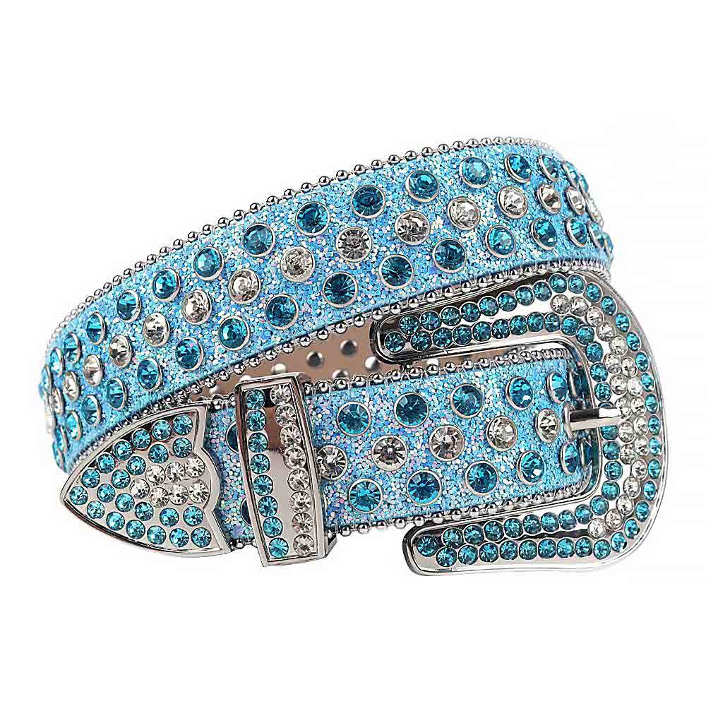 Unisex Sky Blue Leather Belt with White and Sky Blue Real Rhinestones & Classic Silver Buckle Add a touch of luxury and sparkle to your outfit with the Unisex Sky Blue Leather Belt from Real Rhinestone. Featuring a sleek sky blue leather strap, this stylish belt is adorned with Sky Blue diamond rhinestones, creating a bold and glamorous look. The silver buckle, decorated with Sky Blue crystal rhinestones, enhances the design with extra shine and sophistication. Designed for versatility and comfort, this belt is perfect for both casual and dressy occasions. Whether you're looking to complete a hip-hop-inspired outfit, make a statement at an event, or simply add some extra bling to your wardrobe, this belt is the perfect accessory. Its adjustable fit ensures all-day comfort, while the high-quality materials guarantee durability and long-lasting wear. Elevate your style effortlessly with the Unisex Sky Blue Leather Belt. Whether you're hitting the stage, going out with friends, or just upgrading your everyday look, this belt is a must-have. Order now from Real Rhinestone and bring some diamond-studded brilliance to your collection. Material: Premium Leather Rhinestone: Luxury Hand-Set High-Gloss Crystal Diamond Embellishments Buckle Type: Classic Horseshoe Zinc Buckle Set Featuring Engraved Design & Sparkling Rhinestones Width: 4cm (1.5 Inch) Style: Streetwear, Cowboy, Western, Partywear, Festivals & Performances, Fashion, Hip Hop, Bling, Diamond Belt Measurement: Please note that measurements may vary by 1-2 cm. Our belts are measured from the fold where the buckle is attached to the middle hole. For the best fit, we recommend measuring a belt you already own from the fold to the hole you use most frequently. Ideally, the belt should be worn on the third hole for optimal fit and comfort.