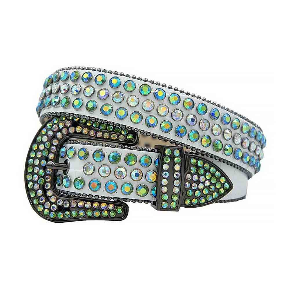 Unisex White Leather Belt with Iridescent and Multi Green Real Rhinestones & Gray Buckle Add a touch of luxury and sparkle to your outfit with the Unisex White Leather Belt from Real Rhinestone. Featuring a sleek White leather strap, this stylish belt is adorned with Iridescent and Multi Green diamond rhinestones, creating a bold and glamorous look. The Gray buckle, decorated with Iridescent and Multi Green crystal rhinestones, enhances the design with extra shine and sophistication. Designed for versatility and comfort, this belt is perfect for both casual and dressy occasions. Whether you're looking to complete a hip-hop-inspired outfit, make a statement at an event, or simply add some extra bling to your wardrobe, this belt is the perfect accessory. Its adjustable fit ensures all-day comfort, while the high-quality materials guarantee durability and long-lasting wear. Elevate your style effortlessly with the Unisex White Leather Belt. Whether you're hitting the stage, going out with friends, or just upgrading your everyday look, this belt is a must-have. Order now from Real Rhinestone and bring some diamond-studded brilliance to your collection. Material: Premium Leather Rhinestone: Luxury Hand-Set High-Gloss Crystal Diamond Embellishments Buckle Type: Classic Horseshoe Zinc Buckle Set Featuring Engraved Design & Sparkling Rhinestones Width: 4cm (1.5 Inch) Style: Streetwear, Cowboy, Western, Partywear, Festivals & Performances, Fashion, Hip Hop, Bling, Diamond Belt Measurement: Please note that measurements may vary by 1-2 cm. Our belts are measured from the fold where the buckle is attached to the middle hole. For the best fit, we recommend measuring a belt you already own from the fold to the hole you use most frequently. Ideally, the belt should be worn on the third hole for optimal fit and comfort.