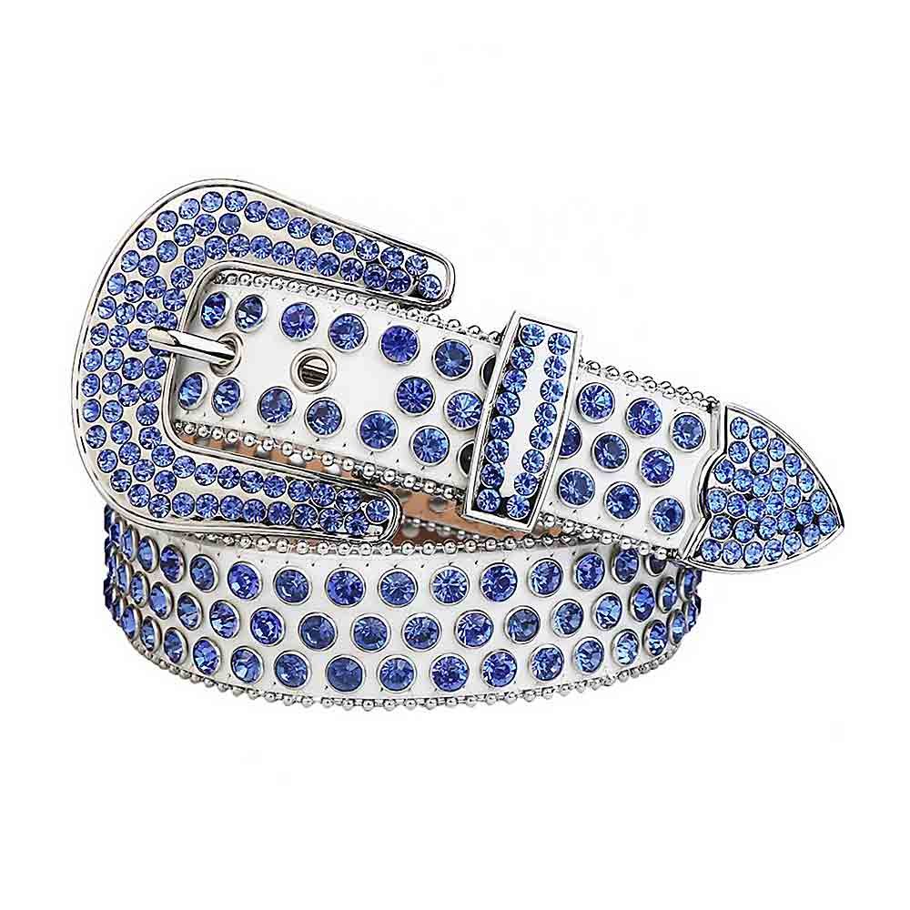 Unisex White Leather Belt with Blue Real Rhinestones & Silver Buckle Add a touch of luxury and sparkle to your outfit with the Unisex White Leather Belt from Real Rhinestone. Featuring a sleek White leather strap, this stylish belt is adorned with Blue diamond rhinestones, creating a bold and glamorous look. The Silver buckle, decorated with Blue crystal rhinestones, enhances the design with extra shine and sophistication. Designed for versatility and comfort, this belt is perfect for both casual and dressy occasions. Whether you're looking to complete a hip-hop-inspired outfit, make a statement at an event, or simply add some extra bling to your wardrobe, this belt is the perfect accessory. Its adjustable fit ensures all-day comfort, while the high-quality materials guarantee durability and long-lasting wear. Elevate your style effortlessly with the Unisex White Leather Belt. Whether you're hitting the stage, going out with friends, or just upgrading your everyday look, this belt is a must-have. Order now from Real Rhinestone and bring some diamond-studded brilliance to your collection. Material: Premium Leather Rhinestone: Luxury Hand-Set High-Gloss Crystal Diamond Embellishments Buckle Type: Classic Horseshoe Zinc Buckle Set Featuring Engraved Design & Sparkling Rhinestones Width: 4cm (1.5 Inch) Style: Streetwear, Cowboy, Western, Partywear, Festivals & Performances, Fashion, Hip Hop, Bling, Diamond Belt Measurement: Please note that measurements may vary by 1-2 cm. Our belts are measured from the fold where the buckle is attached to the middle hole. For the best fit, we recommend measuring a belt you already own from the fold to the hole you use most frequently. Ideally, the belt should be worn on the third hole for optimal fit and comfort.