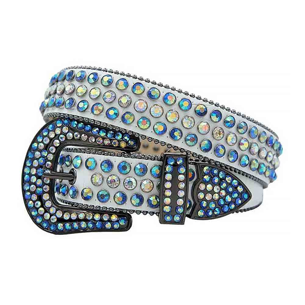 Unisex White Leather Belt with Iridescent and Multi Blue Real Rhinestones & Gray Buckle Add a touch of luxury and sparkle to your outfit with the Unisex White Leather Belt from Real Rhinestone. Featuring a sleek White leather strap, this stylish belt is adorned with Iridescent and Multi Blue diamond rhinestones, creating a bold and glamorous look. The Gray buckle, decorated with Iridescent and Multi Blue crystal rhinestones, enhances the design with extra shine and sophistication. Designed for versatility and comfort, this belt is perfect for both casual and dressy occasions. Whether you're looking to complete a hip-hop-inspired outfit, make a statement at an event, or simply add some extra bling to your wardrobe, this belt is the perfect accessory. Its adjustable fit ensures all-day comfort, while the high-quality materials guarantee durability and long-lasting wear. Elevate your style effortlessly with the Unisex White Leather Belt. Whether you're hitting the stage, going out with friends, or just upgrading your everyday look, this belt is a must-have. Order now from Real Rhinestone and bring some diamond-studded brilliance to your collection. Material: Premium Leather Rhinestone: Luxury Hand-Set High-Gloss Crystal Diamond Embellishments Buckle Type: Classic Horseshoe Zinc Buckle Set Featuring Engraved Design & Sparkling Rhinestones Width: 4cm (1.5 Inch) Style: Streetwear, Cowboy, Western, Partywear, Festivals & Performances, Fashion, Hip Hop, Bling, Diamond Belt Measurement: Please note that measurements may vary by 1-2 cm. Our belts are measured from the fold where the buckle is attached to the middle hole. For the best fit, we recommend measuring a belt you already own from the fold to the hole you use most frequently. Ideally, the belt should be worn on the third hole for optimal fit and comfort.