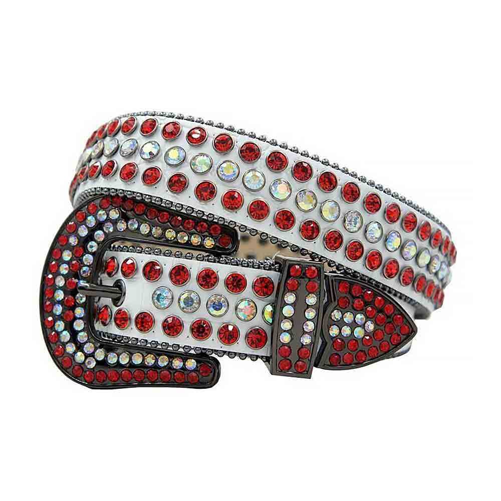 Unisex White Leather Belt with Red and Multicolor Real Rhinestones & Gray Buckle Add a touch of luxury and sparkle to your outfit with the Unisex White Leather Belt from Real Rhinestone. Featuring a sleek White leather strap, this stylish belt is adorned with Red and Multicolor diamond rhinestones, creating a bold and glamorous look. The Gray buckle, decorated with Red and Multicolor crystal rhinestones, enhances the design with extra shine and sophistication. Designed for versatility and comfort, this belt is perfect for both casual and dressy occasions. Whether you're looking to complete a hip-hop-inspired outfit, make a statement at an event, or simply add some extra bling to your wardrobe, this belt is the perfect accessory. Its adjustable fit ensures all-day comfort, while the high-quality materials guarantee durability and long-lasting wear. Elevate your style effortlessly with the Unisex White Leather Belt. Whether you're hitting the stage, going out with friends, or just upgrading your everyday look, this belt is a must-have. Order now from Real Rhinestone and bring some diamond-studded brilliance to your collection. Material: Premium Leather Rhinestone: Luxury Hand-Set High-Gloss Crystal Diamond Embellishments Buckle Type: Classic Horseshoe Zinc Buckle Set Featuring Engraved Design & Sparkling Rhinestones Width: 4cm (1.5 Inch) Style: Streetwear, Cowboy, Western, Partywear, Festivals & Performances, Fashion, Hip Hop, Bling, Diamond Belt Measurement: Please note that measurements may vary by 1-2 cm. Our belts are measured from the fold where the buckle is attached to the middle hole. For the best fit, we recommend measuring a belt you already own from the fold to the hole you use most frequently. Ideally, the belt should be worn on the third hole for optimal fit and comfort.