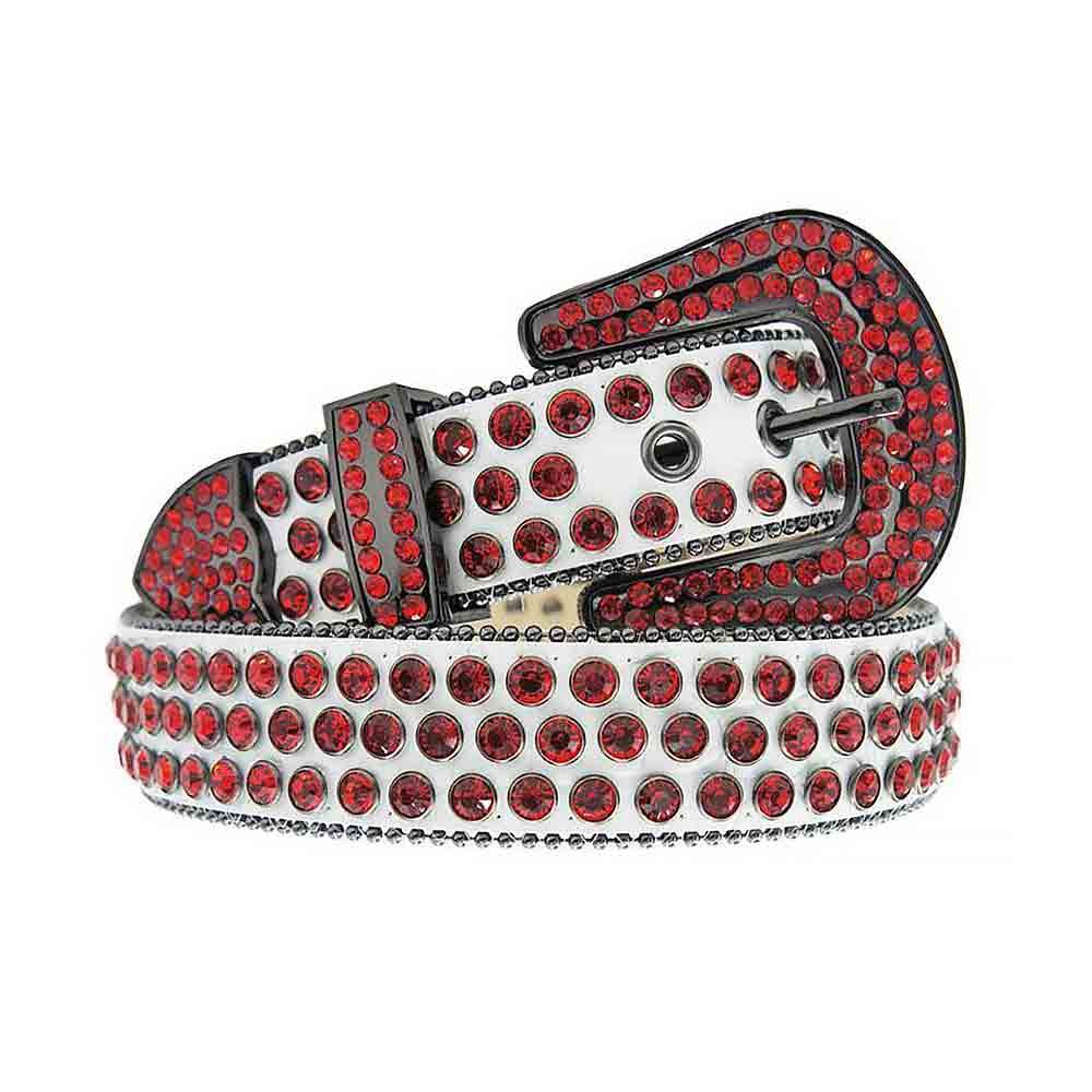 Unisex White Leather Belt with Red Color Real Rhinestones & Classic Gray Buckle Add a touch of luxury and sparkle to your outfit with the Unisex White Leather Belt from Real Rhinestone. Featuring a sleek White leather strap, this stylish belt is adorned with Red diamond rhinestones, creating a bold and glamorous look. The Gray buckle, decorated with red crystal rhinestones, enhances the design with extra shine and sophistication. Designed for versatility and comfort, this belt is perfect for both casual and dressy occasions. Whether you're looking to complete a hip-hop-inspired outfit, make a statement at an event, or simply add some extra bling to your wardrobe, this belt is the perfect accessory. Its adjustable fit ensures all-day comfort, while the high-quality materials guarantee durability and long-lasting wear. Elevate your style effortlessly with the Unisex White Leather Belt. Whether you're hitting the stage, going out with friends, or just upgrading your everyday look, this belt is a must-have. Order now from Real Rhinestone and bring some diamond-studded brilliance to your collection. Material: Premium Leather Rhinestone: Luxury Hand-Set High-Gloss Crystal Diamond Embellishments Buckle Type: Classic Horseshoe Zinc Buckle Set Featuring Engraved Design & Sparkling Rhinestones Width: 4cm (1.5 Inch) Style: Streetwear, Cowboy, Western, Partywear, Festivals & Performances, Fashion, Hip Hop, Bling, Diamond Belt Measurement: Please note that measurements may vary by 1-2 cm. Our belts are measured from the fold where the buckle is attached to the middle hole. For the best fit, we recommend measuring a belt you already own from the fold to the hole you use most frequently. Ideally, the belt should be worn on the third hole for optimal fit and comfort.
