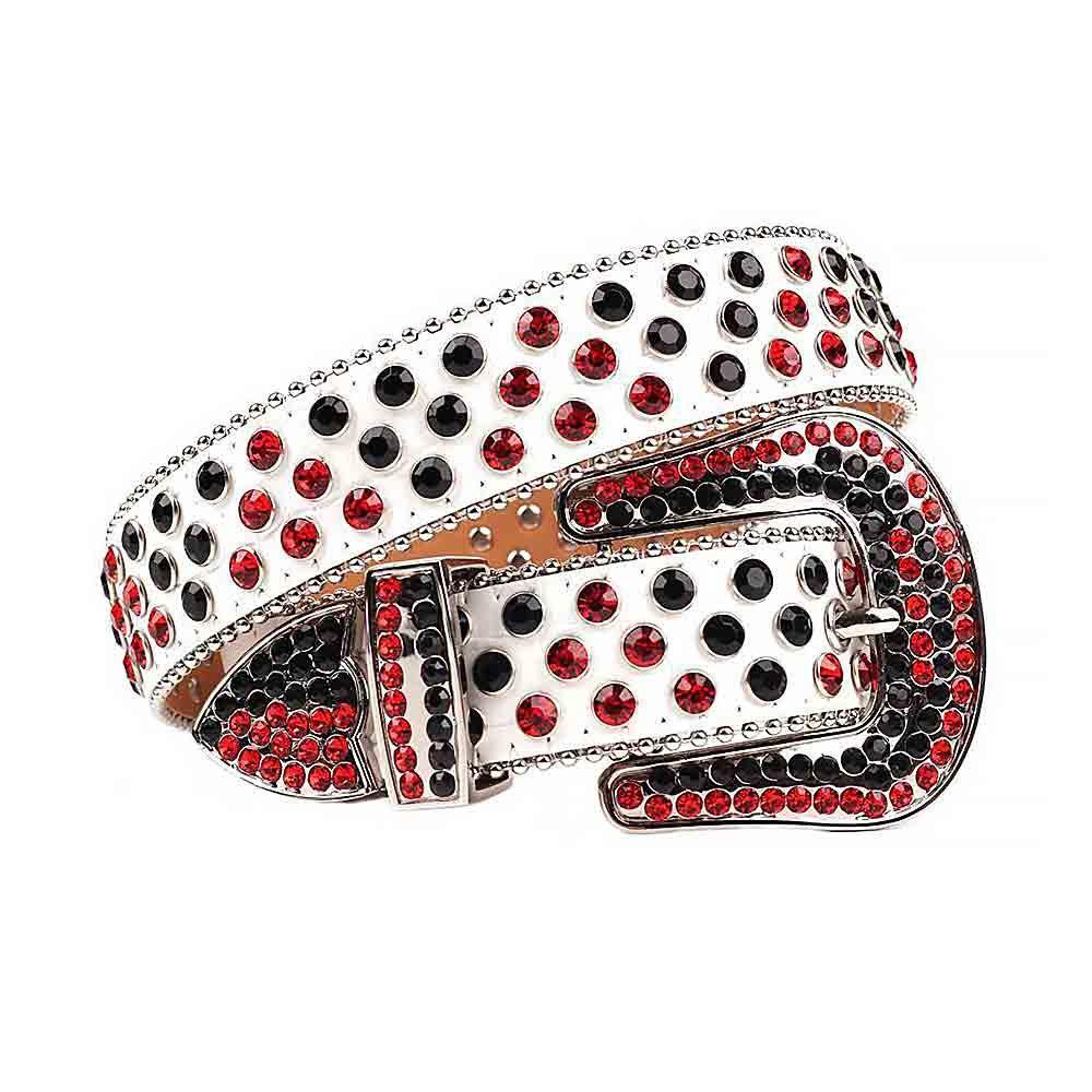 Unisex White Leather Belt Studded with Black and Red Rhinestones & Classic Silver Buckle Add a touch of luxury and sparkle to your outfit with the Unisex White Leather Belt from Real Rhinestone. Featuring a sleek White leather strap, this stylish belt is adorned with Red and Black rhinestones, creating a bold and glamorous look. The Silver buckle, decorated with Black and Red color crystal rhinestones, enhances the design with extra shine and sophistication. Designed for versatility and comfort, this belt is perfect for both casual and dressy occasions. Whether you're looking to complete a hip-hop-inspired outfit, make a statement at an event, or simply add some extra bling to your wardrobe, this belt is the perfect accessory. Its adjustable fit ensures all-day comfort, while the high-quality materials guarantee durability and long-lasting wear. Elevate your style effortlessly with the Unisex White Leather Belt. Whether you're hitting the stage, going out with friends, or just upgrading your everyday look, this belt is a must-have. Order now from Real Rhinestone and bring some diamond-studded brilliance to your collection. Material: Premium Leather Rhinestone: Luxury Hand-Set High-Gloss Crystal Diamond Embellishments Buckle Type: Classic Horseshoe Zinc Buckle Set Featuring Engraved Design & Sparkling Rhinestones Width: 4cm (1.5 Inch) Style: Streetwear, Cowboy, Western, Partywear, Festivals & Performances, Fashion, Hip Hop, Bling, Diamond Belt Measurement: Please note that measurements may vary by 1-2 cm. Our belts are measured from the fold where the buckle is attached to the middle hole. For the best fit, we recommend measuring a belt you already own from the fold to the hole you use most frequently. Ideally, the belt should be worn on the third hole for optimal fit and comfort.