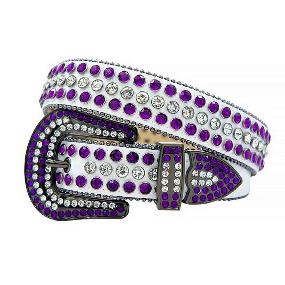 Unisex White Leather Belt with White and Purple Real Rhinestones & Gray Buckle Add a touch of luxury and sparkle to your outfit with the Unisex White Leather Belt from Real Rhinestone. Featuring a sleek White leather strap, this stylish belt is adorned with Purple and White diamond rhinestones, creating a bold and glamorous look. The Gray buckle, decorated with White and Purple crystal rhinestones, enhances the design with extra shine and sophistication. Designed for versatility and comfort, this belt is perfect for both casual and dressy occasions. Whether you're looking to complete a hip-hop-inspired outfit, make a statement at an event, or simply add some extra bling to your wardrobe, this belt is the perfect accessory. Its adjustable fit ensures all-day comfort, while the high-quality materials guarantee durability and long-lasting wear. Elevate your style effortlessly with the Unisex White Leather Belt. Whether you're hitting the stage, going out with friends, or just upgrading your everyday look, this belt is a must-have. Order now from Real Rhinestone and bring some diamond-studded brilliance to your collection. Material: Premium Leather Rhinestone: Luxury Hand-Set High-Gloss Crystal Diamond Embellishments Buckle Type: Classic Horseshoe Zinc Buckle Set Featuring Engraved Design & Sparkling Rhinestones Width: 4cm (1.5 Inch) Style: Streetwear, Cowboy, Western, Partywear, Festivals & Performances, Fashion, Hip Hop, Bling, Diamond Belt Measurement: Please note that measurements may vary by 1-2 cm. Our belts are measured from the fold where the buckle is attached to the middle hole. For the best fit, we recommend measuring a belt you already own from the fold to the hole you use most frequently. Ideally, the belt should be worn on the third hole for optimal fit and comfort.