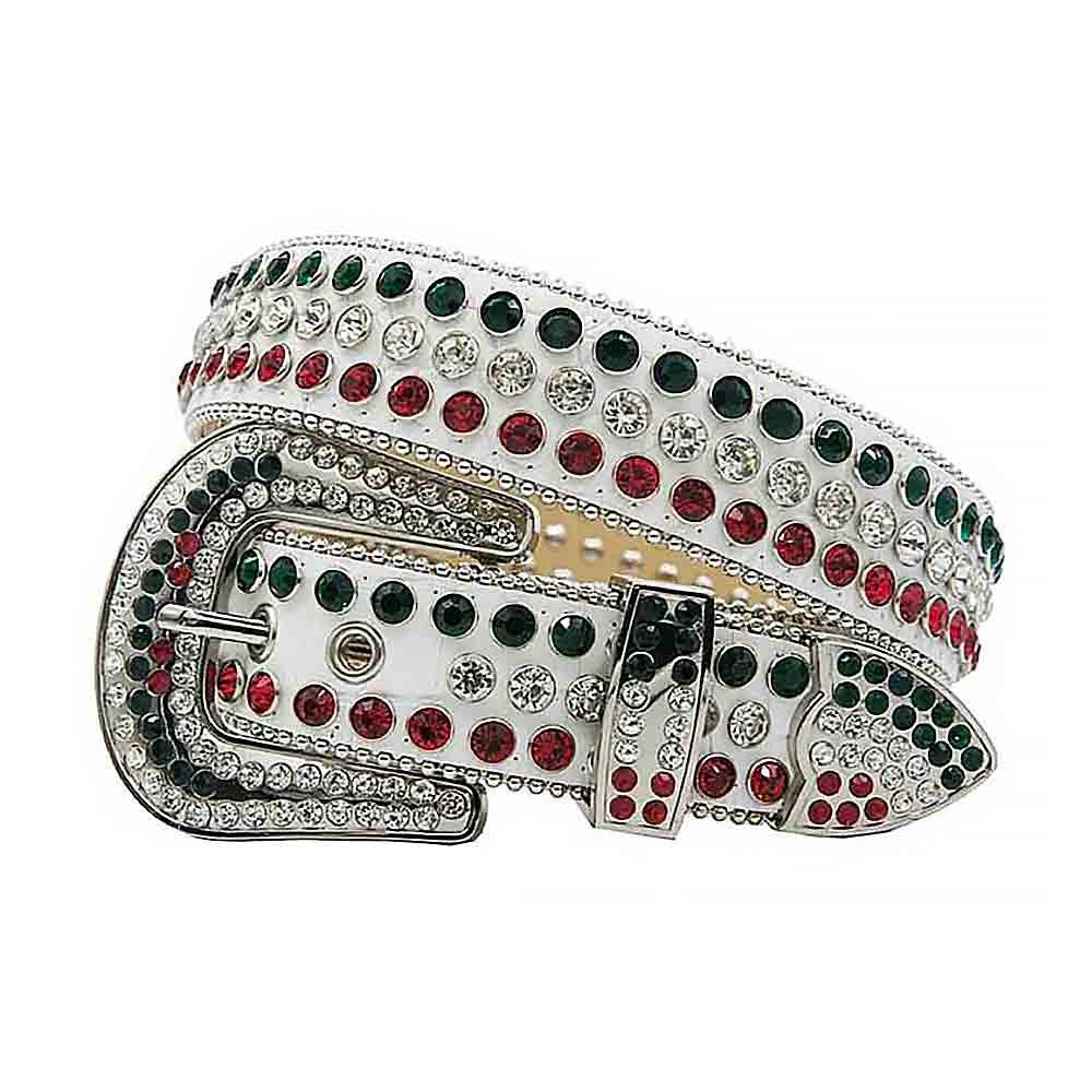 Unisex White Leather Belt with Red, White and Green Color Real Rhinestones & Classic Silver Buckle Add a touch of luxury and sparkle to your outfit with the Unisex White Leather Belt from Real Rhinestone. Featuring a sleek White leather strap, this stylish belt is adorned with Red, White and Black diamond rhinestones, creating a bold and glamorous look. The Silver buckle, decorated with Red, White and Green crystal rhinestones, enhances the design with extra shine and sophistication. Designed for versatility and comfort, this belt is perfect for both casual and dressy occasions. Whether you're looking to complete a hip-hop-inspired outfit, make a statement at an event, or simply add some extra bling to your wardrobe, this belt is the perfect accessory. Its adjustable fit ensures all-day comfort, while the high-quality materials guarantee durability and long-lasting wear. Elevate your style effortlessly with the Unisex White Leather Belt. Whether you're hitting the stage, going out with friends, or just upgrading your everyday look, this belt is a must-have. Order now from Real Rhinestone and bring some diamond-studded brilliance to your collection. Material: Premium Leather Rhinestone: Luxury Hand-Set High-Gloss Crystal Diamond Embellishments Buckle Type: Classic Horseshoe Zinc Buckle Set Featuring Engraved Design & Sparkling Rhinestones Width: 4cm (1.5 Inch) Style: Streetwear, Cowboy, Western, Partywear, Festivals & Performances, Fashion, Hip Hop, Bling, Diamond Belt Measurement: Please note that measurements may vary by 1-2 cm. Our belts are measured from the fold where the buckle is attached to the middle hole. For the best fit, we recommend measuring a belt you already own from the fold to the hole you use most frequently. Ideally, the belt should be worn on the third hole for optimal fit and comfort.