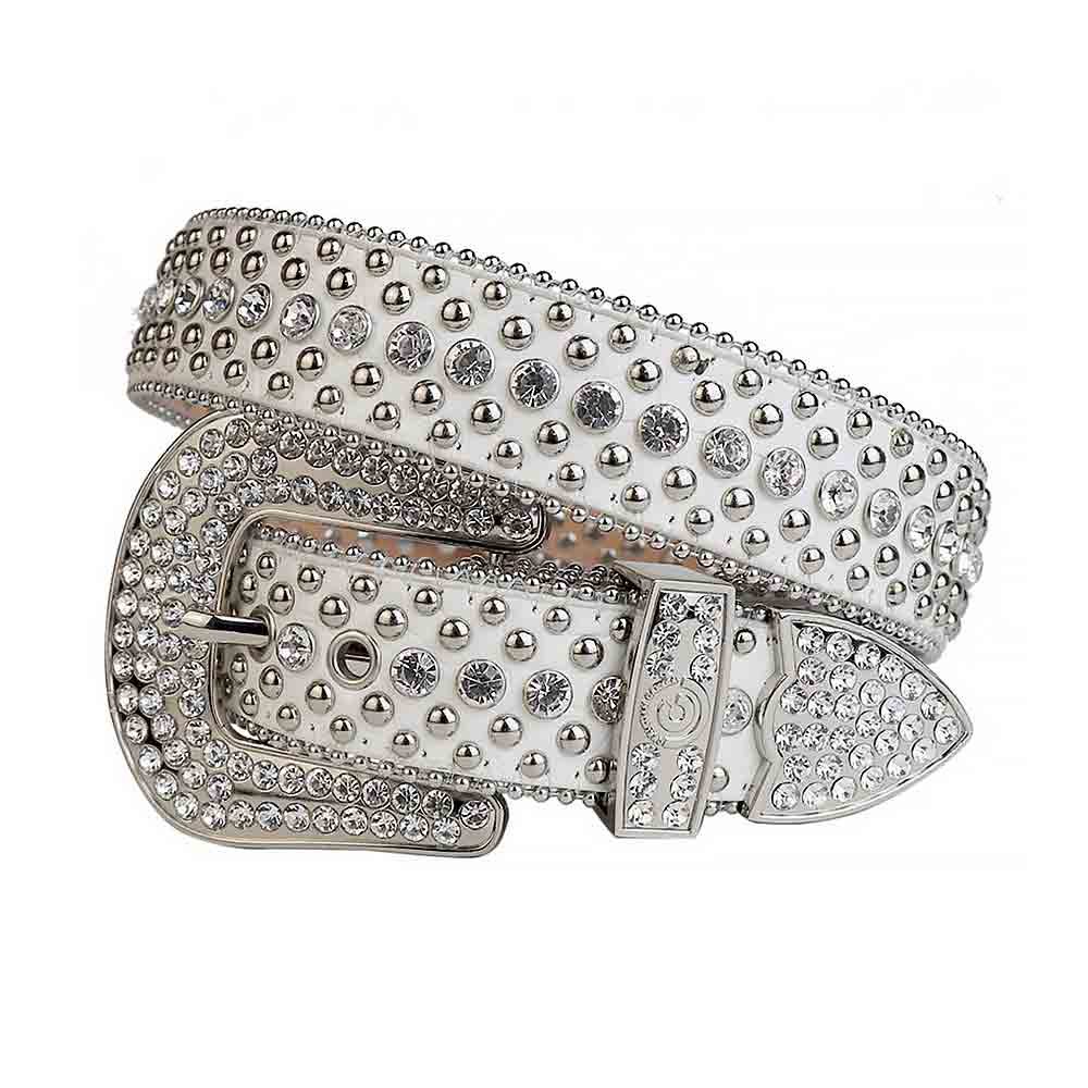Unisex White Leather Belt with Silver Metals Studded and White Rhinestones & Classic Silver Buckle Add a touch of luxury and sparkle to your outfit with the Unisex White Leather Belt from Real Rhinestone. Featuring a sleek White leather strap, this stylish belt is adorned with White rhinestones, creating a bold and glamorous look. The Silver buckle, decorated with White color crystal rhinestones, enhances the design with extra shine and sophistication. Designed for versatility and comfort, this belt is perfect for both casual and dressy occasions. Whether you're looking to complete a hip-hop-inspired outfit, make a statement at an event, or simply add some extra bling to your wardrobe, this belt is the perfect accessory. Its adjustable fit ensures all-day comfort, while the high-quality materials guarantee durability and long-lasting wear. Elevate your style effortlessly with the Unisex White Leather Belt. Whether you're hitting the stage, going out with friends, or just upgrading your everyday look, this belt is a must-have. Order now from Real Rhinestone and bring some diamond-studded brilliance to your collection. Material: Premium Leather Rhinestone: Luxury Hand-Set High-Gloss Crystal Diamond Embellishments Buckle Type: Classic Horseshoe Zinc Buckle Set Featuring Engraved Design & Sparkling Rhinestones Width: 4cm (1.5 Inch) Style: Streetwear, Cowboy, Western, Partywear, Festivals & Performances, Fashion, Hip Hop, Bling, Diamond Belt Measurement: Please note that measurements may vary by 1-2 cm. Our belts are measured from the fold where the buckle is attached to the middle hole. For the best fit, we recommend measuring a belt you already own from the fold to the hole you use most frequently. Ideally, the belt should be worn on the third hole for optimal fit and comfort.