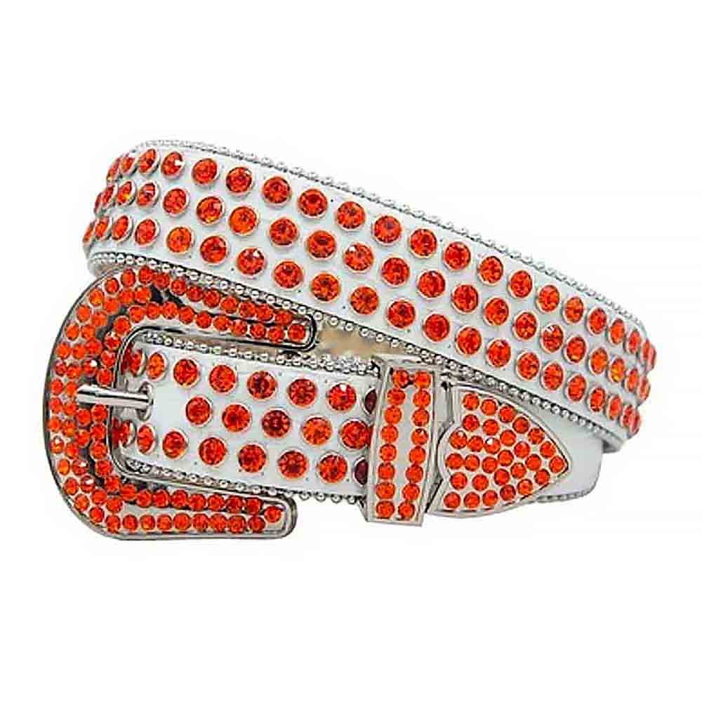 Unisex White Leather Belt with Orange Color Real Rhinestones & Classic Silver Buckle Add a touch of luxury and sparkle to your outfit with the Unisex White Leather Belt from Real Rhinestone. Featuring a sleek White leather strap, this stylish belt is adorned with Orange diamond rhinestones, creating a bold and glamorous look. The Silver buckle, decorated with Orange crystal rhinestones, enhances the design with extra shine and sophistication. Designed for versatility and comfort, this belt is perfect for both casual and dressy occasions. Whether you're looking to complete a hip-hop-inspired outfit, make a statement at an event, or simply add some extra bling to your wardrobe, this belt is the perfect accessory. Its adjustable fit ensures all-day comfort, while the high-quality materials guarantee durability and long-lasting wear. Elevate your style effortlessly with the Unisex White Leather Belt. Whether you're hitting the stage, going out with friends, or just upgrading your everyday look, this belt is a must-have. Order now from Real Rhinestone and bring some diamond-studded brilliance to your collection. Material: Premium Leather Rhinestone: Luxury Hand-Set High-Gloss Crystal Diamond Embellishments Buckle Type: Classic Horseshoe Zinc Buckle Set Featuring Engraved Design & Sparkling Rhinestones Width: 4cm (1.5 Inch) Style: Streetwear, Cowboy, Western, Partywear, Festivals & Performances, Fashion, Hip Hop, Bling, Diamond Belt Measurement: Please note that measurements may vary by 1-2 cm. Our belts are measured from the fold where the buckle is attached to the middle hole. For the best fit, we recommend measuring a belt you already own from the fold to the hole you use most frequently. Ideally, the belt should be worn on the third hole for optimal fit and comfort.