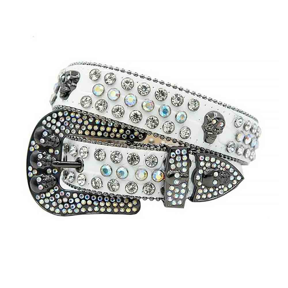 Unisex White Leather Belt with Skulls Studded Iridescent and White Real Rhinestones & Classic Black Skull Buckle Add a touch of luxury and sparkle to your outfit with the Unisex White Leather Belt from Real Rhinestone. Featuring a sleek White leather strap, this stylish belt is adorned with Iridescent and White Color diamond rhinestones, creating a bold and glamorous look. The Black buckle, decorated with White and Iridescent crystal rhinestones, enhances the design with extra shine and sophistication. Designed for versatility and comfort, this belt is perfect for both casual and dressy occasions. Whether you're looking to complete a hip-hop-inspired outfit, make a statement at an event, or simply add some extra bling to your wardrobe, this belt is the perfect accessory. Its adjustable fit ensures all-day comfort, while the high-quality materials guarantee durability and long-lasting wear. Elevate your style effortlessly with the Unisex White Leather Belt. Whether you're hitting the stage, going out with friends, or just upgrading your everyday look, this belt is a must-have. Order now from Real Rhinestone and bring some diamond-studded brilliance to your collection. Material: Premium Leather Rhinestone: Luxury Hand-Set High-Gloss Crystal Diamond Embellishments Buckle Type: Classic Horseshoe Zinc Buckle Set Featuring Engraved Design & Sparkling Rhinestones Width: 4cm (1.5 Inch) Style: Streetwear, Cowboy, Western, Partywear, Festivals & Performances, Fashion, Hip Hop, Bling, Diamond Belt Measurement: Please note that measurements may vary by 1-2 cm. Our belts are measured from the fold where the buckle is attached to the middle hole. For the best fit, we recommend measuring a belt you already own from the fold to the hole you use most frequently. Ideally, the belt should be worn on the third hole for optimal fit and comfort.