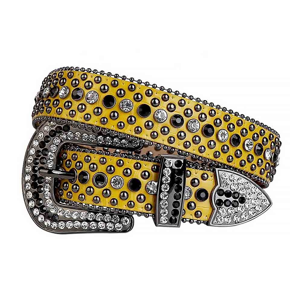 Unisex Yellow Leather Belt with Metals Studded Black and White Rhinestones & Classic Silver Buckle Add a touch of luxury and sparkle to your outfit with the Unisex Yellow Leather Belt from Real Rhinestone. Featuring a sleek Yellow leather strap, this stylish belt is adorned with Black and White rhinestones, creating a bold and glamorous look. The Silver buckle, decorated with Black and White color crystal rhinestones, enhances the design with extra shine and sophistication. Designed for versatility and comfort, this belt is perfect for both casual and dressy occasions. Whether you're looking to complete a hip-hop-inspired outfit, make a statement at an event, or simply add some extra bling to your wardrobe, this belt is the perfect accessory. Its adjustable fit ensures all-day comfort, while the high-quality materials guarantee durability and long-lasting wear. Elevate your style effortlessly with the Unisex Yellow Leather Belt. Whether you're hitting the stage, going out with friends, or just upgrading your everyday look, this belt is a must-have. Order now from Real Rhinestone and bring some diamond-studded brilliance to your collection. Material: Premium Leather Rhinestone: Luxury Hand-Set High-Gloss Crystal Diamond Embellishments Buckle Type: Classic Horseshoe Zinc Buckle Set Featuring Engraved Design & Sparkling Rhinestones Width: 4cm (1.5 Inch) Style: Streetwear, Cowboy, Western, Partywear, Festivals & Performances, Fashion, Hip Hop, Bling, Diamond Belt Measurement: Please note that measurements may vary by 1-2 cm. Our belts are measured from the fold where the buckle is attached to the middle hole. For the best fit, we recommend measuring a belt you already own from the fold to the hole you use most frequently. Ideally, the belt should be worn on the third hole for optimal fit and comfort.