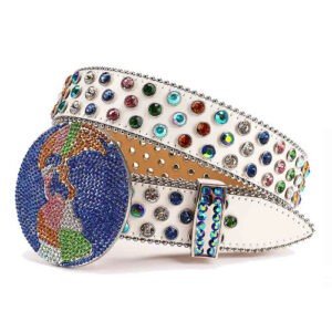 Shine in Every Step Crafted for those who love to stand out, this White Strap Belt is adorned with premium Mutli-studded rhinestones, offering unmatched sparkle and style. Material: Genuine leather strap with high-grade rhinestones Buckle: Statement blue buckle with intricate crystal detailing Color: Classic Silver Design: Full studded rhinestone embellishment across strap and buckle Sizes Available: XS to 10XL (Waist 25–569 inches) Occasion: Perfect for parties, festivals, concerts, or elevating casual looks Durability: Tarnish-resistant hardware with long-lasting shine Fit: Adjustable for comfort and style