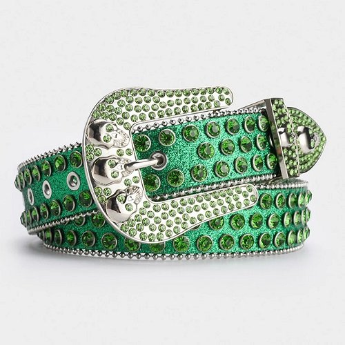 Unisex Green Leather Belt with Skulls Studded Green Real Rhinestones & Classic Gray Skull Buckle Add a touch of luxury and sparkle to your outfit with the Unisex Green Leather Belt from Real Rhinestone. Featuring a sleek Green leather strap, this stylish belt is adorned with Green Color diamond rhinestones, creating a bold and glamorous look. The Gray buckle, decorated with green crystal rhinestones, enhances the design with extra shine and sophistication. Designed for versatility and comfort, this belt is perfect for both casual and dressy occasions. Whether you are looking to complete a hip-hop-inspired outfit, make a statement at an event, or simply add some extra bling to your wardrobe, this belt is the perfect accessory. Its adjustable fit ensures all-day comfort, while the high-quality materials guarantee durability and long-lasting wear. Elevate your style effortlessly with the Unisex Green Leather Belt. Whether you are hitting the stage, going out with friends, or just upgrading your everyday look, this belt is a must-have. Order now from?Real Rhinestone and bring some diamond-studded brilliance to your collection. Material: Premium Leather Rhinestone: Luxury Hand-Set High-Gloss Crystal Diamond Embellishments Buckle Type: Classic Horseshoe And Skull Zinc Buckle Set Featuring Engraved Design & Sparkling Rhinestones Width: 4cm (1.5 Inch) Style: Streetwear, Cowboy, Western, Partywear, Festivals & Performances, Fashion, Hip Hop, Bling, Diamond Belt Measurement: Please note that measurements may vary by 1-2 cm. Our belts are measured from the fold where the buckle is attached to the middle hole. For the best fit, we recommend measuring a belt you already own from the fold to the hole you use most frequently. Ideally, the belt should be worn on the third hole for optimal fit and comfort.