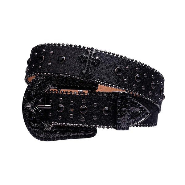 Rhinestone Belt with Engraved Cross Buckle and Black Studded Strap Turn heads with the Rhinestone Belt with Engraved Cross Buckle and Black Studded Strap from Real Rhinestone — where craftsmanship meets bold style. This premium black leather strap is elevated with hand-set high-gloss crystal rhinestones and black stud detailing, delivering a perfect blend of shine and attitude. The engraved cross buckle is the statement centerpiece, featuring intricate metalwork and sparkling rhinestone accents for a unique, high-impact finish. Designed for comfort and versatility, this belt pairs effortlessly with jeans, dresses, or stage outfits, making it a must-have for streetwear lovers, Western fashion fans, and anyone who wants to add a touch of bling. Key Features: Material: Premium Leather Rhinestones: Luxury Hand-Set High-Gloss Crystal Embellishments Buckle: Engraved Cross Zinc Alloy Buckle with Sparkling Rhinestones Width: 4cm (1.5 Inch) Style: Streetwear, Cowboy, Western, Partywear, Festivals, Fashion, Hip Hop, Bling, Diamond Belt Fit & Sizing: Measurements may vary by 1–2 cm. Belts are measured from the fold where the buckle is attached to the middle hole. For the best fit, measure a belt you already own from the fold to your most-used hole. Ideally worn on the third hole for comfort and style.