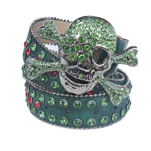 Unisex Green Leather Belt with Metal Studded Green & Red Rhinestones & Classic Gray Skull Buckle Add a touch of luxury and sparkle to your outfit with the Unisex Green Leather Belt from Real Rhinestone. Featuring a sleek Green leather strap, this stylish belt is adorned with Green And Red Color diamond rhinestones, creating a bold and glamorous look. The Gray buckle, decorated with green crystal rhinestones, enhances the design with extra shine and sophistication. Designed for versatility and comfort, this belt is perfect for both casual and dressy occasions. Whether you are looking to complete a hip-hop-inspired outfit, make a statement at an event, or simply add some extra bling to your wardrobe, this belt is the perfect accessory. Its adjustable fit ensures all-day comfort, while the high-quality materials guarantee durability and long-lasting wear. Elevate your style effortlessly with the Unisex Green Leather Belt. Whether you are hitting the stage, going out with friends, or just upgrading your everyday look, this belt is a must-have. Order now from Real Rhinestone and bring some diamond-studded brilliance to your collection. Material: Premium Leather Rhinestone: Luxury Hand-Set High-Gloss Crystal Diamond Embellishments Buckle Type: Classic Skull Zinc Buckle Set Featuring Engraved Design & Sparkling Rhinestones Width: 4cm (1.5 Inch) Style: Streetwear, Cowboy, Western, Partywear, Festivals & Performances, Fashion, Hip Hop, Bling, Diamond Belt Measurement: Please note that measurements may vary by 1-2 cm. Our belts are measured from the fold where the buckle is attached to the middle hole. For the best fit, we recommend measuring a belt you already own from the fold to the hole you use most frequently. Ideally, the belt should be worn on the third hole for optimal fit and comfort.