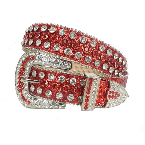 Unisex Red Leather Belt Featuring Sparkling Red & White Rhinestones with Classic Silver Horseshoe Buckle Add a touch of luxury and sparkle to your outfit with the Unisex Red Leather Belt from Real Rhinestone. Featuring a sleek Red leather strap, this stylish belt is adorned with Red And White Color diamond rhinestones, creating a bold and glamorous look. The Silver buckle, decorated with red and white crystal rhinestones, enhances the design with extra shine and sophistication. Designed for versatility and comfort, this belt is perfect for both casual and dressy occasions. Whether you are looking to complete a hip-hop-inspired outfit, make a statement at an event, or simply add some extra bling to your wardrobe, this belt is the perfect accessory. Its adjustable fit ensures all-day comfort, while the high-quality materials guarantee durability and long-lasting wear. Elevate your style effortlessly with the Unisex Red Leather Belt. Whether you are hitting the stage, going out with friends, or just upgrading your everyday look, this belt is a must-have. Order now from Real Rhinestone and bring some diamond-studded brilliance to your collection. Material: Premium Leather Rhinestone: Luxury Hand-Set High-Gloss Crystal Diamond Embellishments Buckle Type: Classic horseshoe Zinc Buckle Set Featuring Engraved Design & Sparkling Rhinestones Width: 4cm (1.5 Inch) Style: Streetwear, Cowboy, Western, Partywear, Festivals & Performances, Fashion, Hip Hop, Bling, Diamond Belt Measurement: Please note that measurements may vary by 1-2 cm. Our belts are measured from the fold where the buckle is attached to the middle hole. For the best fit, we recommend measuring a belt you already own from the fold to the hole you use most frequently. Ideally, the belt should be worn on the third hole for optimal fit and comfort.