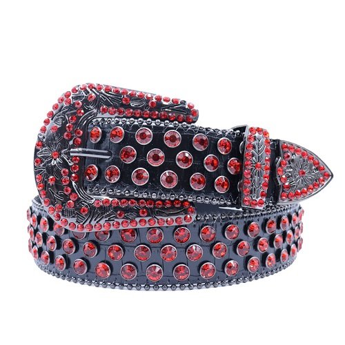 Unisex Black Leather Belt Showcasing Striking Red Rhinestones with Ornate Silver Horseshoe Buckle Add a touch of luxury and sparkle to your outfit with the Unisex Black Leather Belt from Real Rhinestone. Featuring a sleek black leather strap, this stylish belt is adorned with Red Color diamond rhinestones, creating a bold and glamorous look. The Silver buckle, decorated with red crystal rhinestones, enhances the design with extra shine and sophistication. Designed for versatility and comfort, this belt is perfect for both casual and dressy occasions. Whether you are looking to complete a hip-hop-inspired outfit, make a statement at an event, or simply add some extra bling to your wardrobe, this belt is the perfect accessory. Its adjustable fit ensures all-day comfort, while the high-quality materials guarantee durability and long-lasting wear. Elevate your style effortlessly with the Unisex Black Leather Belt. Whether you are hitting the stage, going out with friends, or just upgrading your everyday look, this belt is a must-have. Order now from Real Rhinestone and bring some diamond-studded brilliance to your collection. Material: Premium Leather Rhinestone: Luxury Hand-Set High-Gloss Crystal Diamond Embellishments Buckle Type: Classic horseshoe Zinc Buckle Set Featuring Engraved Design & Sparkling Rhinestones Width: 4cm (1.5 Inch) Style: Streetwear, Cowboy, Western, Partywear, Festivals & Performances, Fashion, Hip Hop, Bling, Diamond Belt Measurement: Please note that measurements may vary by 1-2 cm. Our belts are measured from the fold where the buckle is attached to the middle hole. For the best fit, we recommend measuring a belt you already own from the fold to the hole you use most frequently. Ideally, the belt should be worn on the third hole for optimal fit and comfort.