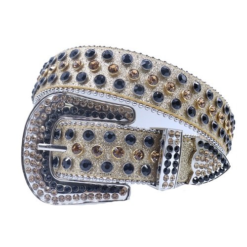 Unisex gold belt accented with black and gold rhinestones and an ornate silver horseshoe buckle. Add a touch of luxury and sparkle to your outfit with the Unisex Gold Leather Belt from Real Rhinestone. Featuring a sleek gold leather strap, this stylish belt is adorned with Black and Golden Color diamond rhinestones, creating a bold and glamorous look. The Silver buckle, decorated with designs, enhances the design with extra shine and sophistication. Designed for versatility and comfort, this belt is perfect for both casual and dressy occasions. Whether you are looking to complete a hip-hop-inspired outfit, make a statement at an event, or simply add some extra bling to your wardrobe, this belt is the perfect accessory. Its adjustable fit ensures all-day comfort, while the high-quality materials guarantee durability and long-lasting wear. Elevate your style effortlessly with the Unisex Gold Leather Belt. Whether you are hitting the stage, going out with friends, or just upgrading your everyday look, this belt is a must-have. Order now from Real Rhinestone and bring some diamond-studded brilliance to your collection. Material: Premium Leather Rhinestone: Luxury Hand-Set High-Gloss Crystal Diamond Embellishments Buckle Type: Classic horseshoe Zinc Buckle Set Featuring Engraved Design & Sparkling Rhinestones Width: 4cm (1.5 Inch) Style: Streetwear, Cowboy, Western, Partywear, Festivals & Performances, Fashion, Hip Hop, Bling, Diamond Belt Measurement: Please note that measurements may vary by 1-2 cm. Our belts are measured from the fold where the buckle is attached to the middle hole. For the best fit, we recommend measuring a belt you already own from the fold to the hole you use most frequently. Ideally, the belt should be worn on the third hole for optimal fit and comfort.