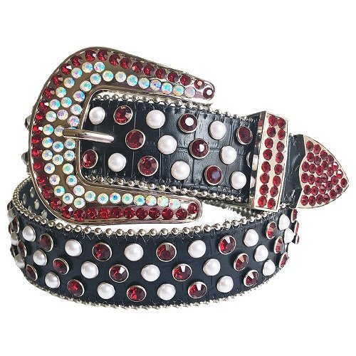 Unisex black leather belt decorated with red rhinestones and holographic white-blue crystals, paired with a detailed silver horseshoe buckle. Add a touch of luxury and sparkle to your outfit with the Unisex Black Leather Belt from Real Rhinestone. Featuring a sleek black leather strap, this stylish belt is adorned with red and holographic white-blue Color diamond rhinestones, creating a bold and glamorous look. The Silver  Tone buckle, decorated with designs, enhances the design with extra shine and sophistication. Designed for versatility and comfort, this belt is perfect for both casual and dressy occasions. Whether you are looking to complete a hip-hop-inspired outfit, make a statement at an event, or simply add some extra bling to your wardrobe, this belt is the perfect accessory. Its adjustable fit ensures all-day comfort, while the high-quality materials guarantee durability and long-lasting wear. Elevate your style effortlessly with the Unisex Black Leather Belt. Whether you are hitting the stage, going out with friends, or just upgrading your everyday look, this belt is a must-have. Order now from Real Rhinestone and bring some diamond-studded brilliance to your collection. Material: Premium Leather Rhinestone: Luxury Hand-Set High-Gloss Crystal Diamond Embellishments Buckle Type: Classic horseshoe Zinc Buckle Set Featuring Engraved Design & Sparkling Rhinestones Width: 4cm (1.5 Inch) Style: Streetwear, Cowboy, Western, Partywear, Festivals & Performances, Fashion, Hip Hop, Bling, Diamond Belt Measurement: Please note that measurements may vary by 1-2 cm. Our belts are measured from the fold where the buckle is attached to the middle hole. For the best fit, we recommend measuring a belt you already own from the fold to the hole you use most frequently. Ideally, the belt should be worn on the third hole for optimal fit and comfort.