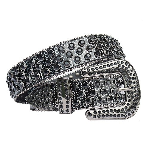 Unisex Black Leather Belt Embellished with Sparkling Black Rhinestones and Sleek Silver Horseshoe Buckle Add a touch of luxury and sparkle to your outfit with the Unisex Black Leather Belt from Real Rhinestone. Featuring a sleek black leather strap, this stylish belt is adorned with black Color diamond rhinestones, creating a bold and glamorous look. The sleek silver buckle, decorated with rhinestones, enhances the design with extra shine and sophistication. Designed for versatility and comfort, this belt is perfect for both casual and dressy occasions. Whether you are looking to complete a hip-hop-inspired outfit, make a statement at an event, or simply add some extra bling to your wardrobe, this belt is the perfect accessory. Its adjustable fit ensures all-day comfort, while the high-quality materials guarantee durability and long-lasting wear. Elevate your style effortlessly with the Unisex Black Leather Belt. Whether you are hitting the stage, going out with friends, or just upgrading your everyday look, this belt is a must-have. Order now from Real Rhinestone and bring some diamond-studded brilliance to your collection. Material: Premium Leather Rhinestone: Luxury Hand-Set High-Gloss Crystal Diamond Embellishments Buckle Type: Classic horseshoe Zinc Buckle Set Featuring Engraved Design & Sparkling Rhinestones Width: 4cm (1.5 Inch) Style: Streetwear, Cowboy, Western, Partywear, Festivals & Performances, Fashion, Hip Hop, Bling, Diamond Belt Measurement: Please note that measurements may vary by 1-2 cm. Our belts are measured from the fold where the buckle is attached to the middle hole. For the best fit, we recommend measuring a belt you already own from the fold to the hole you use most frequently. Ideally, the belt should be worn on the third hole for optimal fit and comfort.