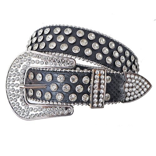 Unisex Black Leather Belt Adorned with Striking White Rhinestones and Detailed Silver Buckle. Add a touch of luxury and sparkle to your outfit with the Unisex Black Leather Belt from Real Rhinestone. Featuring a sleek black leather strap, this stylish belt is adorned with White Color diamond rhinestones, creating a bold and glamorous look. The Silver buckle, decorated with white crystal rhinestones, enhances the design with extra shine and sophistication. Designed for versatility and comfort, this belt is perfect for both casual and dressy occasions. Whether you are looking to complete a hip-hop-inspired outfit, make a statement at an event, or simply add some extra bling to your wardrobe, this belt is the perfect accessory. Its adjustable fit ensures all-day comfort, while the high-quality materials guarantee durability and long-lasting wear. Elevate your style effortlessly with the Unisex Black Leather Belt. Whether you are hitting the stage, going out with friends, or just upgrading your everyday look, this belt is a must-have. Order now from Real Rhinestone and bring some diamond-studded brilliance to your collection. Material: Premium Leather Rhinestone: Luxury Hand-Set High-Gloss Crystal Diamond Embellishments Buckle Type: Classic horseshoe Zinc Buckle Set Featuring Engraved Design & Sparkling Rhinestones Width: 4cm (1.5 Inch) Style: Streetwear, Cowboy, Western, Partywear, Festivals & Performances, Fashion, Hip Hop, Bling, Diamond Belt Measurement: Please note that measurements may vary by 1-2 cm. Our belts are measured from the fold where the buckle is attached to the middle hole. For the best fit, we recommend measuring a belt you already own from the fold to the hole you use most frequently. Ideally, the belt should be worn on the third hole for optimal fit and comfort.