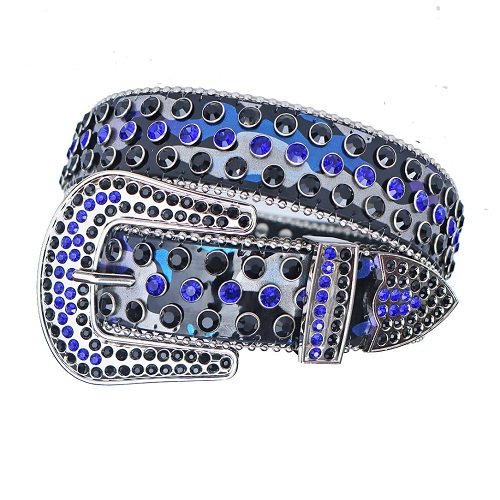 Unisex Glossy Blue-and-Black Belt Decorated with Dark Rhinestones and a Stylish Horseshoe Buckle Add a touch of luxury and sparkle to your outfit with the Unisex Blue and Black Leather Belt from Real Rhinestone. Featuring a sleek blue and black leather strap, this stylish belt is adorned with Blue And Black  Color diamond rhinestones, creating a bold and glamorous look. The Silver buckle, decorated with blue and black crystal rhinestones, enhances the design with extra shine and sophistication. Designed for versatility and comfort, this belt is perfect for both casual and dressy occasions. Whether you are looking to complete a hip-hop-inspired outfit, make a statement at an event, or simply add some extra bling to your wardrobe, this belt is the perfect accessory. Its adjustable fit ensures all-day comfort, while the high-quality materials guarantee durability and long-lasting wear. Elevate your style effortlessly with the Unisex Blue and Black Leather Belt. Whether you are hitting the stage, going out with friends, or just upgrading your everyday look, this belt is a must-have. Order now from Real Rhinestone and bring some diamond-studded brilliance to your collection. Material: Premium Leather Rhinestone: Luxury Hand-Set High-Gloss Crystal Diamond Embellishments Buckle Type: Classic horseshoe Zinc Buckle Set Featuring Engraved Design & Sparkling Rhinestones Width: 4cm (1.5 Inch) Style: Streetwear, Cowboy, Western, Partywear, Festivals & Performances, Fashion, Hip Hop, Bling, Diamond Belt Measurement: Please note that measurements may vary by 1-2 cm. Our belts are measured from the fold where the buckle is attached to the middle hole. For the best fit, we recommend measuring a belt you already own from the fold to the hole you use most frequently. Ideally, the belt should be worn on the third hole for optimal fit and comfort.