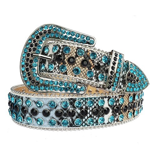 Unisex Glossy Light Gray Snake Print Strap Decorated with Blue and Black Rhinestones and a Stylish Horseshoe Buckle Add a touch of sparkle to your outfit with the Unisex Light Gray Snake Print Leather Belt from Real Rhinestone. Featuring a sleek Light Gray Snake Print strap, this stylish belt is adorned with Black And Blue Color diamond rhinestones, creating a bold and glamorous look. The Silver buckle, decorated with blue and black crystal rhinestones, enhances the design with extra shine and sophistication. Designed for versatility and comfort, this belt is perfect for both casual and dressy occasions. Whether you are looking to complete a hip-hop-inspired outfit, make a statement at an event, or simply add some extra bling to your wardrobe, this belt is the perfect accessory. Its adjustable fit ensures all-day comfort, while the high-quality materials guarantee durability and long-lasting wear. Elevate your style effortlessly with the Unisex Light Gray Snake Print Leather Belt. Whether you are hitting the stage, going out with friends, or just upgrading your everyday look, this belt is a must-have. Order now from Real Rhinestone and bring some diamond-studded brilliance to your collection. Material: Premium Leather Rhinestone: Luxury Hand-Set High-Gloss Crystal Diamond Embellishments Buckle Type: Classic horseshoe Zinc Buckle Set Featuring Engraved Design & Sparkling Rhinestones Width: 4cm (1.5 Inch) Style: Streetwear, Cowboy, Western, Partywear, Festivals & Performances, Fashion, Hip Hop, Bling, Diamond Belt Measurement: Please note that measurements may vary by 1-2 cm. Our belts are measured from the fold where the buckle is attached to the middle hole. For the best fit, we recommend measuring a belt you already own from the fold to the hole you use most frequently. Ideally, the belt should be worn on the third hole for optimal fit and comfort.