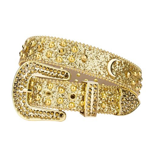 Unisex Gold Sequin Leather Strap with Moon Studded All Gold Metal and Rhinestone Belt & Classic Gold Buckle Add a touch of luxury and sparkle to your outfit with the Unisex Gold Leather Belt from Real Rhinestone. Featuring a sleek Gold leather strap, this stylish belt is adorned with Gold Color diamond rhinestones, creating a bold and glamorous look. The Gold buckle, decorated with Metal and Gold crystal rhinestones, enhances the design with extra shine and sophistication. Designed for versatility and comfort, this belt is perfect for both casual and dressy occasions. Whether you are looking to complete a hip-hop-inspired outfit, make a statement at an event, or simply add some extra bling to your wardrobe, this belt is the perfect accessory. Its adjustable fit ensures all-day comfort, while the high-quality materials guarantee durability and long-lasting wear. Elevate your style effortlessly with the Unisex Gold Sequin Leather Belt. Whether you are hitting the stage, going out with friends, or just upgrading your everyday look, this belt is a must-have. Order now From Real Rhinestone and bring some diamond-studded brilliance to your collection. Material: Premium Leather Rhinestone: Luxury Hand-Set High-Gloss Crystal Diamond Embellishments Buckle Type: Classic Horseshoe Zinc Buckle Set Featuring Engraved Design & Sparkling Rhinestones Width: 4cm (1.5 Inch) Style: Streetwear, Cowboy, Western, Partywear, Festivals & Performances, Fashion, Hip Hop, Bling, Diamond Belt Measurement: Please note that measurements may vary by 1-2 cm. Our belts are measured from the fold where the buckle is attached to the middle hole. For the best fit, we recommend measuring a belt you already own from the fold to the hole you use most frequently. Ideally, the belt should be worn on the third hole for optimal fit and comfort.