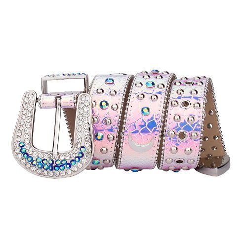 Unisex Purple Shiny Leather Strap with Moon Studded All Silver Metal and Purple Rhinestone Belt & Classic Silver Buckle Add a touch of luxury and sparkle to your outfit with the Unisex Purple Leather Belt from Real Rhinestone. Featuring a sleek Purple leather strap, this stylish belt is adorned with purple Color diamond rhinestones, creating a bold and glamorous look. The Silver buckle, decorated with Metal and purple crystal rhinestones, enhances the design with extra shine and sophistication. Designed for versatility and comfort, this belt is perfect for both casual and dressy occasions. Whether you are looking to complete a hip-hop-inspired outfit, make a statement at an event, or simply add some extra bling to your wardrobe, this belt is the perfect accessory. Its adjustable fit ensures all-day comfort, while the high-quality materials guarantee durability and long-lasting wear. Elevate your style effortlessly with the Unisex Purple Shiny Leather Belt. Whether you are hitting the stage, going out with friends, or just upgrading your everyday look, this belt is a must-have. Order now from Real Rhinestone and bring some diamond-studded brilliance to your collection. Material: Premium Leather Rhinestone: Luxury Hand-Set High-Gloss Crystal Diamond Embellishments Buckle Type: Classic Horseshoe Zinc Buckle Set Featuring Engraved Design & Sparkling Rhinestones Width: 4cm (1.5 Inch) Style: Streetwear, Cowboy, Western, Partywear, Festivals & Performances, Fashion, Hip Hop, Bling, Diamond Belt Measurement: Please note that measurements may vary by 1-2 cm. Our belts are measured from the fold where the buckle is attached to the middle hole. For the best fit, we recommend measuring a belt you already own from the fold to the hole you use most frequently. Ideally, the belt should be worn on the third hole for optimal fit and comfort.