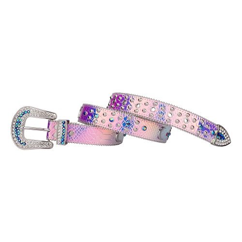 Unisex Purple Shiny Leather Strap with Moon Studded All Silver Metal and Purple Rhinestone Belt & Classic Silver Buckle Add a touch of luxury and sparkle to your outfit with the Unisex Purple Leather Belt from Real Rhinestone. Featuring a sleek Purple leather strap, this stylish belt is adorned with purple Color diamond rhinestones, creating a bold and glamorous look. The Silver buckle, decorated with Metal and purple crystal rhinestones, enhances the design with extra shine and sophistication. Designed for versatility and comfort, this belt is perfect for both casual and dressy occasions. Whether you are looking to complete a hip-hop-inspired outfit, make a statement at an event, or simply add some extra bling to your wardrobe, this belt is the perfect accessory. Its adjustable fit ensures all-day comfort, while the high-quality materials guarantee durability and long-lasting wear. Elevate your style effortlessly with the Unisex Purple Shiny Leather Belt. Whether you are hitting the stage, going out with friends, or just upgrading your everyday look, this belt is a must-have. Order now from Real Rhinestone and bring some diamond-studded brilliance to your collection. Material: Premium Leather Rhinestone: Luxury Hand-Set High-Gloss Crystal Diamond Embellishments Buckle Type: Classic Horseshoe Zinc Buckle Set Featuring Engraved Design & Sparkling Rhinestones Width: 4cm (1.5 Inch) Style: Streetwear, Cowboy, Western, Partywear, Festivals & Performances, Fashion, Hip Hop, Bling, Diamond Belt Measurement: Please note that measurements may vary by 1-2 cm. Our belts are measured from the fold where the buckle is attached to the middle hole. For the best fit, we recommend measuring a belt you already own from the fold to the hole you use most frequently. Ideally, the belt should be worn on the third hole for optimal fit and comfort.