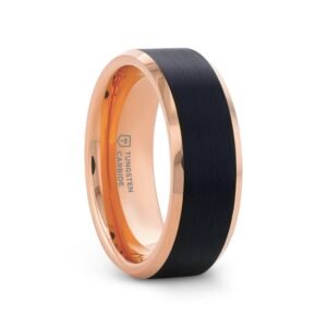 HAYDEN Rose Gold Plated Tungsten Beveled Ring with Brushed Black Center, Comfort Fit (6mm or 8mm)