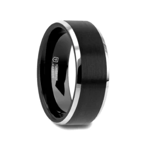 ASTON Black Brushed Center Tungsten Ring with Polished Beveled Edges, 4mm - 10mm