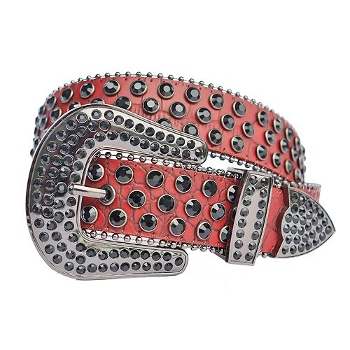 Unisex timeless red leather belt, with studded black rhinestones in a distinctive horseshoe pattern. Add a touch of luxury and sparkle to your outfit with the Unisex Red Leather Belt from Real Rhinestone. Featuring a sleek Red leather strap, this stylish belt is adorned with Black  Color diamond rhinestones, creating a bold and glamorous look. The Gray buckle, decorated with black crystal rhinestones, enhances the design with extra shine and sophistication. Designed for versatility and comfort, this belt is perfect for both casual and dressy occasions. Whether you are looking to complete a hip-hop-inspired outfit, make a statement at an event, or simply add some extra bling to your wardrobe, this belt is the perfect accessory. Its adjustable fit ensures all-day comfort, while the high-quality materials guarantee durability and long-lasting wear. Elevate your style effortlessly with the Unisex Red Leather Belt. Whether you are hitting the stage, going out with friends, or just upgrading your everyday look, this belt is a must-have. Order now from Real Rhinestone and bring some diamond-studded brilliance to your collection. Material: Premium Leather Rhinestone: Luxury Hand-Set High-Gloss Crystal Diamond Embellishments Buckle Type: Classic horseshoe Zinc Buckle Set Featuring Engraved Design & Sparkling Rhinestones Width: 4cm (1.5 Inch) Style: Streetwear, Cowboy, Western, Partywear, Festivals & Performances, Fashion, Hip Hop, Bling, Diamond Belt Measurement: Please note that measurements may vary by 1-2 cm. Our belts are measured from the fold where the buckle is attached to the middle hole. For the best fit, we recommend measuring a belt you already own from the fold to the hole you use most frequently. Ideally, the belt should be worn on the third hole for optimal fit and comfort.
