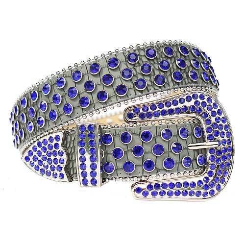 Unisex gray textured leather belt, studded with blue diamond rhinestones  Add a touch of luxury and sparkle to your outfit with the Unisex Gray Leather Belt from Real Rhinestone. Featuring a sleek gray leather strap, this stylish belt is adorned with blue  Color diamond rhinestones, creating a bold and glamorous look. The Silver buckle, decorated with blue crystal rhinestones, enhances the design with extra shine and sophistication. Designed for versatility and comfort, this belt is perfect for both casual and dressy occasions. Whether you are looking to complete a hip-hop-inspired outfit, make a statement at an event, or simply add some extra bling to your wardrobe, this belt is the perfect accessory. Its adjustable fit ensures all-day comfort, while the high-quality materials guarantee durability and long-lasting wear. Elevate your style effortlessly with the Unisex Gray Leather Belt. Whether you are hitting the stage, going out with friends, or just upgrading your everyday look, this belt is a must-have. Order now from Real Rhinestone and bring some diamond-studded brilliance to your collection. Material: Premium Leather Rhinestone: Luxury Hand-Set High-Gloss Crystal Diamond Embellishments Buckle Type: Classic horseshoe Zinc Buckle Set Featuring Engraved Design & Sparkling Rhinestones Width: 4cm (1.5 Inch) Style: Streetwear, Cowboy, Western, Partywear, Festivals & Performances, Fashion, Hip Hop, Bling, Diamond Belt Measurement: Please note that measurements may vary by 1-2 cm. Our belts are measured from the fold where the buckle is attached to the middle hole. For the best fit, we recommend measuring a belt you already own from the fold to the hole you use most frequently. Ideally, the belt should be worn on the third hole for optimal fit and comfort.