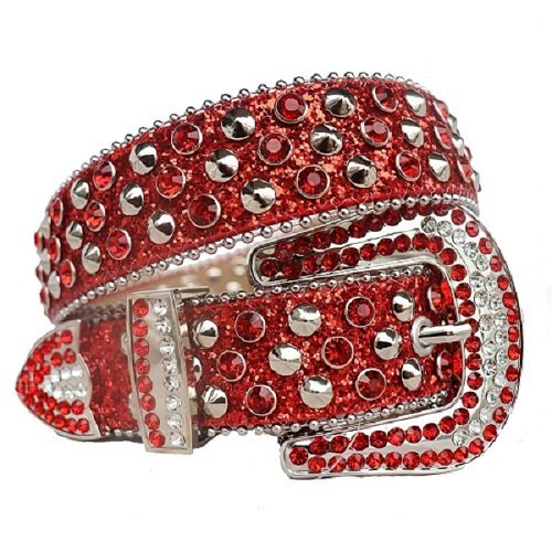 Unisex shiny red leather belt, with studded silver rhinestones  Add a touch of luxury and sparkle to your outfit with the Unisex Red Leather Belt from Real Rhinestone. Featuring a shiny Red leather strap, this stylish belt is adorned with silver Color diamond rhinestones, creating a bold and glamorous look. The silver buckle, decorated with red crystal rhinestones, enhances the design with extra shine and sophistication. Designed for versatility and comfort, this belt is perfect for both casual and dressy occasions. Whether you are looking to complete a hip-hop-inspired outfit, make a statement at an event, or simply add some extra bling to your wardrobe, this belt is the perfect accessory. Its adjustable fit ensures all-day comfort, while the high-quality materials guarantee durability and long-lasting wear. Elevate your style effortlessly with the Unisex Red Leather Belt. Whether you are hitting the stage, going out with friends, or just upgrading your everyday look, this belt is a must-have. Order now from Real Rhinestone and bring some diamond-studded brilliance to your collection. Material: Premium Leather Rhinestone: Luxury Hand-Set High-Gloss Crystal Diamond Embellishments Buckle Type: Classic horseshoe Zinc Buckle Set Featuring Engraved Design & Sparkling Rhinestones Width: 4cm (1.5 Inch) Style: Streetwear, Cowboy, Western, Partywear, Festivals & Performances, Fashion, Hip Hop, Bling, Diamond Belt Measurement: Please note that measurements may vary by 1-2 cm. Our belts are measured from the fold where the buckle is attached to the middle hole. For the best fit, we recommend measuring a belt you already own from the fold to the hole you use most frequently. Ideally, the belt should be worn on the third hole for optimal fit and comfort.