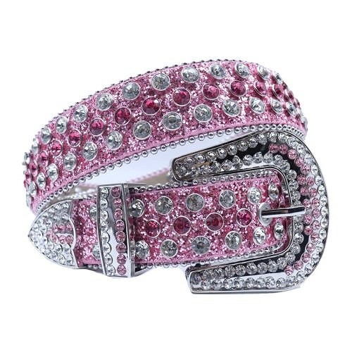 Unisex light purple shimmer leather belt, with studded silver rhinestones in a distinctive horseshoe pattern. Add a touch of luxury and sparkle to your outfit with the Unisex Light Purple Leather Belt from Real Rhinestone. Featuring a  light purple leather strap, this stylish belt is adorned with silver and purple Color diamond rhinestones, creating a bold and glamorous look. The Silver buckle, decorated with silver and purple crystal rhinestones, enhances the design with extra shine and sophistication. Designed for versatility and comfort, this belt is perfect for both casual and dressy occasions. Whether you are looking to complete a hip-hop-inspired outfit, make a statement at an event, or simply add some extra bling to your wardrobe, this belt is the perfect accessory. Its adjustable fit ensures all-day comfort, while the high-quality materials guarantee durability and long-lasting wear. Elevate your style effortlessly with the Unisex Light Purple Leather Belt. Whether you are hitting the stage, going out with friends, or just upgrading your everyday look, this belt is a must-have. Order now from Real Rhinestone and bring some diamond-studded brilliance to your collection. Material: Premium Leather Rhinestone: Luxury Hand-Set High-Gloss Crystal Diamond Embellishments Buckle Type: Classic horseshoe Zinc Buckle Set Featuring Engraved Design & Sparkling Rhinestones Width: 4cm (1.5 Inch) Style: Streetwear, Cowboy, Western, Partywear, Festivals & Performances, Fashion, Hip Hop, Bling, Diamond Belt Measurement: Please note that measurements may vary by 1-2 cm. Our belts are measured from the fold where the buckle is attached to the middle hole. For the best fit, we recommend measuring a belt you already own from the fold to the hole you use most frequently. Ideally, the belt should be worn on the third hole for optimal fit and comfort.