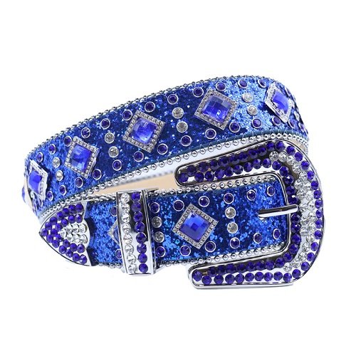 Unisex Vibrant Blue Belt Adorned with Big Blue and Silver Rhinestones, Featuring a Silver Horseshoe Buckle Embellished with Matching Stones Add a touch of luxury and sparkle to your outfit with the Unisex Blue Leather Belt from Real Rhinestone. Featuring a sleek blue leather strap, this stylish belt is adorned with blue Color diamond rhinestones, creating a bold and glamorous look. The Silver buckle, decorated with blue and silver crystal rhinestones, enhances the design with extra shine and sophistication. Designed for versatility and comfort, this belt is perfect for both casual and dressy occasions. Whether you are looking to complete a hip-hop-inspired outfit, make a statement at an event, or simply add some extra bling to your wardrobe, this belt is the perfect accessory. Its adjustable fit ensures all-day comfort, while the high-quality materials guarantee durability and long-lasting wear. Elevate your style effortlessly with the Unisex Blue Leather Belt. Whether you are hitting the stage, going out with friends, or just upgrading your everyday look, this belt is a must-have. Order now from Real Rhinestone and bring some diamond-studded brilliance to your collection. Material: Premium Leather Rhinestone: Luxury Hand-Set High-Gloss Crystal Diamond Embellishments Buckle Type: Classic horseshoe Zinc Buckle Set Featuring Engraved Design & Sparkling Rhinestones Width: 4cm (1.5 Inch) Style: Streetwear, Cowboy, Western, Partywear, Festivals & Performances, Fashion, Hip Hop, Bling, Diamond Belt Measurement: Please note that measurements may vary by 1-2 cm. Our belts are measured from the fold where the buckle is attached to the middle hole. For the best fit, we recommend measuring a belt you already own from the fold to the hole you use most frequently. Ideally, the belt should be worn on the third hole for optimal fit and comfort.