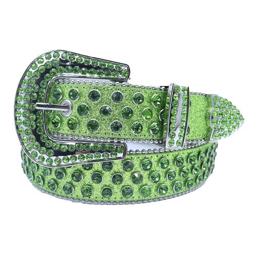 Unisex Dazzling Emerald Green Leather Belt Adorned with Emerald Rhinestones, Finished with a Sparkling Buckle for Bold, Fashion-Forward Statements Add a touch of luxury and sparkle to your outfit with the Unisex Emerald Green Leather Belt from Real Rhinestone. Featuring a shiny Emerald Green Leather strap, this stylish belt is adorned with Emerald Green Color diamond rhinestones, creating a bold and glamorous look. The silver buckle, decorated with green and white crystal rhinestones, enhances the design with extra shine and sophistication. Designed for versatility and comfort, this belt is perfect for both casual and dressy occasions. Whether you are looking to complete a hip-hop-inspired outfit, make a statement at an event, or simply add some extra bling to your wardrobe, this belt is the perfect accessory. Its adjustable fit ensures all-day comfort, while the high-quality materials guarantee durability and long-lasting wear. Elevate your style effortlessly with the Unisex Emerald Green Leather Belt. Whether you are hitting the stage, going out with friends, or just upgrading your everyday look, this belt is a must-have. Order now from Real Rhinestone and bring some diamond-studded brilliance to your collection. Material: Premium Leather Rhinestone: Luxury Hand-Set High-Gloss Crystal Diamond Embellishments Buckle Type: Classic horseshoe Zinc Buckle Set Featuring Engraved Design & Sparkling Rhinestones Width: 4cm (1.5 Inch) Style: Streetwear, Cowboy, Western, Partywear, Festivals & Performances, Fashion, Hip Hop, Bling, Diamond Belt Measurement: Please note that measurements may vary by 1-2 cm. Our belts are measured from the fold where the buckle is attached to the middle hole. For the best fit, we recommend measuring a belt you already own from the fold to the hole you use most frequently. Ideally, the belt should be worn on the third hole for optimal fit and comfort.