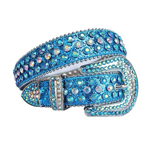 Unisex eye-catching belt crafted from bold aqua blue leather, embellished with shimmering blue and iridescent crystal studs, and finished with a sparkling buckle for standout, stylish statements. Add a touch of luxury and sparkle to your outfit with the Unisex Aqua Blue Leather Belt from Real Rhinestone. Featuring a sleek Aqua blue leather strap, this stylish belt is adorned with blue and iridescent Color diamond rhinestones, creating a bold and glamorous look. The Silver buckle, decorated with blue and iridescent crystal rhinestones, enhances the design with extra shine and sophistication. Designed for versatility and comfort, this belt is perfect for both casual and dressy occasions. Whether you are looking to complete a hip-hop-inspired outfit, make a statement at an event, or simply add some extra bling to your wardrobe, this belt is the perfect accessory. Its adjustable fit ensures all-day comfort, while the high-quality materials guarantee durability and long-lasting wear. Elevate your style effortlessly with the Unisex Aqua Blue Leather Belt. Whether you are hitting the stage, going out with friends, or just upgrading your everyday look, this belt is a must-have. Order now from Real Rhinestone and bring some diamond-studded brilliance to your collection. Material: Premium Leather Rhinestone: Luxury Hand-Set High-Gloss Crystal Diamond Embellishments Buckle Type: Classic horseshoe Zinc Buckle Set Featuring Engraved Design & Sparkling Rhinestones Width: 4cm (1.5 Inch) Style: Streetwear, Cowboy, Western, Partywear, Festivals & Performances, Fashion, Hip Hop, Bling, Diamond Belt Measurement: Please note that measurements may vary by 1-2 cm. Our belts are measured from the fold where the buckle is attached to the middle hole. For the best fit, we recommend measuring a belt you already own from the fold to the hole you use most frequently. Ideally, the belt should be worn on the third hole for optimal fit and comfort.