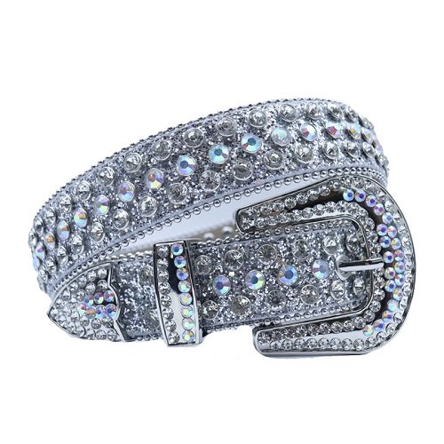 Elevate your style with this shimmering silver leather belt, adorned with sparkling silver and iridescent rhinestones for a dazzling, standout look. Add a touch of luxury and sparkle to your outfit with the Unisex Silver Shimmer Leather Belt from Real Rhinestone. Featuring a sleek Silver Shimmer leather strap, this stylish belt is adorned with Iridescent and Silver diamond rhinestones, creating a bold and glamorous look. The Silver buckle, decorated with Iridescent and Silver crystal rhinestones, enhances the design with extra shine and sophistication. Designed for versatility and comfort, this belt is perfect for both casual and dressy occasions. Whether you're looking to complete a hip-hop-inspired outfit, make a statement at an event, or simply add some extra bling to your wardrobe, this belt is the perfect accessory. Its adjustable fit ensures all-day comfort, while the high-quality materials guarantee durability and long-lasting wear. Elevate your style effortlessly with the Unisex Silver Shimmer Leather Belt. Whether you're hitting the stage, going out with friends, or just upgrading your everyday look, this belt is a must-have. Order now from Real Rhinestone and bring some diamond-studded brilliance to your collection. Material: Premium Leather Rhinestone: Luxury Hand-Set High-Gloss Crystal Diamond Embellishments Buckle Type: Classic Horseshoe Zinc Buckle Set Featuring Engraved Design & Sparkling Rhinestones Width: 4cm (1.5 Inch) Style: Streetwear, Cowboy, Western, Partywear, Festivals & Performances, Fashion, Hip Hop, Bling, Diamond Belt Measurement: Please note that measurements may vary by 1-2 cm. Our belts are measured from the fold where the buckle is attached to the middle hole. For the best fit, we recommend measuring a belt you already own from the fold to the hole you use most frequently. Ideally, the belt should be worn on the third hole for optimal fit and comfort.