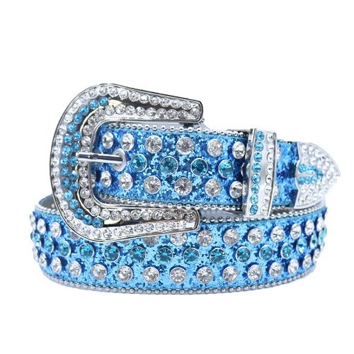 Unisex eye-catching belt crafted from bold blue leather, embellished with shimmering white crystal studs, and finished with a sparkling buckle for standout, stylish statements. Add a touch of luxury and sparkle to your outfit with the Unisex Blue Leather Belt from Real Rhinestone. Featuring a sleek blue leather strap, this stylish belt is adorned with white Color diamond rhinestones, creating a bold and glamorous look. The Silver buckle, decorated with blue and white crystal rhinestones, enhances the design with extra shine and sophistication. Designed for versatility and comfort, this belt is perfect for both casual and dressy occasions. Whether you are looking to complete a hip-hop-inspired outfit, make a statement at an event, or simply add some extra bling to your wardrobe, this belt is the perfect accessory. Its adjustable fit ensures all-day comfort, while the high-quality materials guarantee durability and long-lasting wear. Elevate your style effortlessly with the Unisex Blue Leather Belt. Whether you are hitting the stage, going out with friends, or just upgrading your everyday look, this belt is a must-have. Order now from Real Rhinestone and bring some diamond-studded brilliance to your collection. Material: Premium Leather Rhinestone: Luxury Hand-Set High-Gloss Crystal Diamond Embellishments Buckle Type: Classic horseshoe Zinc Buckle Set Featuring Engraved Design & Sparkling Rhinestones Width: 4cm (1.5 Inch) Style: Streetwear, Cowboy, Western, Partywear, Festivals & Performances, Fashion, Hip Hop, Bling, Diamond Belt Measurement: Please note that measurements may vary by 1-2 cm. Our belts are measured from the fold where the buckle is attached to the middle hole. For the best fit, we recommend measuring a belt you already own from the fold to the hole you use most frequently. Ideally, the belt should be worn on the third hole for optimal fit and comfort.