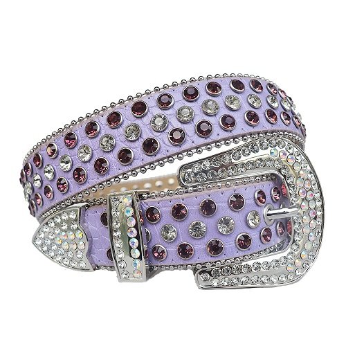 Unisex light purple sleek leather belt, with studded dark purple and silver rhinestones in a distinctive horseshoe pattern. Add a touch of luxury and sparkle to your outfit with the Unisex Light Purple Leather Belt from Real Rhinestone. Featuring a  light purple leather strap, this stylish belt is adorned with silver and Dark purple Color diamond rhinestones, creating a bold and glamorous look. The Silver buckle, decorated with silver crystal rhinestones, enhances the design with extra shine and sophistication. Designed for versatility and comfort, this belt is perfect for both casual and dressy occasions. Whether you are looking to complete a hip-hop-inspired outfit, make a statement at an event, or simply add some extra bling to your wardrobe, this belt is the perfect accessory. Its adjustable fit ensures all-day comfort, while the high-quality materials guarantee durability and long-lasting wear. Elevate your style effortlessly with the Unisex Light Purple Leather Belt. Whether you are hitting the stage, going out with friends, or just upgrading your everyday look, this belt is a must-have. Order now from Real Rhinestone and bring some diamond-studded brilliance to your collection. Material: Premium Leather Rhinestone: Luxury Hand-Set High-Gloss Crystal Diamond Embellishments Buckle Type: Classic horseshoe Zinc Buckle Set Featuring Engraved Design & Sparkling Rhinestones Width: 4cm (1.5 Inch) Style: Streetwear, Cowboy, Western, Partywear, Festivals & Performances, Fashion, Hip Hop, Bling, Diamond Belt Measurement: Please note that measurements may vary by 1-2 cm. Our belts are measured from the fold where the buckle is attached to the middle hole. For the best fit, we recommend measuring a belt you already own from the fold to the hole you use most frequently. Ideally, the belt should be worn on the third hole for optimal fit and comfort.