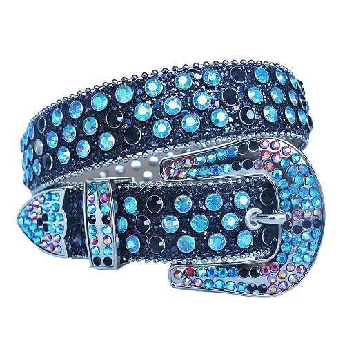 Unisex Vibrant Blue Belt Adorned with Blue and Multi Rhinestones, Featuring a Silver Horseshoe Buckle Embellished with blue and multi Stones Add a touch of luxury and sparkle to your outfit with the Unisex Dark Blue Leather Belt from Real Rhinestone. Featuring a sleek blue leather strap, this stylish belt is adorned with blue Color diamond rhinestones, creating a bold and glamorous look. The Silver buckle, decorated with blue and multi crystal rhinestones, enhances the design with extra shine and sophistication. Designed for versatility and comfort, this belt is perfect for both casual and dressy occasions. Whether you are looking to complete a hip-hop-inspired outfit, make a statement at an event, or simply add some extra bling to your wardrobe, this belt is the perfect accessory. Its adjustable fit ensures all-day comfort, while the high-quality materials guarantee durability and long-lasting wear. Elevate your style effortlessly with the Unisex Dark Blue Leather Belt. Whether you are hitting the stage, going out with friends, or just upgrading your everyday look, this belt is a must-have. Order now from Real Rhinestone and bring some diamond-studded brilliance to your collection. Material: Premium Leather Rhinestone: Luxury Hand-Set High-Gloss Crystal Diamond Embellishments Buckle Type: Classic horseshoe Zinc Buckle Set Featuring Engraved Design & Sparkling Rhinestones Width: 4cm (1.5 Inch) Style: Streetwear, Cowboy, Western, Partywear, Festivals & Performances, Fashion, Hip Hop, Bling, Diamond Belt Measurement: Please note that measurements may vary by 1-2 cm. Our belts are measured from the fold where the buckle is attached to the middle hole. For the best fit, we recommend measuring a belt you already own from the fold to the hole you use most frequently. Ideally, the belt should be worn on the third hole for optimal fit and comfort.