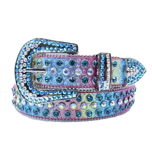 Unisex Iridescent Multicolor Leather Belt with Multicolor Real Rhinestones & Silver Buckle Add a touch of luxury and sparkle to your outfit with the Unisex Iridescent Multicolor Leather Belt from Real Rhinestone. Featuring a sleek Iridescent leather strap, this stylish belt is adorned with Blue diamond rhinestones, creating a bold and glamorous look. The Silver buckle, decorated with blue crystal rhinestones, enhances the design with extra shine and sophistication. Designed for versatility and comfort, this belt is perfect for both casual and dressy occasions. Whether you're looking to complete a hip-hop-inspired outfit, make a statement at an event, or simply add some extra bling to your wardrobe, this belt is the perfect accessory. Its adjustable fit ensures all-day comfort, while the high-quality materials guarantee durability and long-lasting wear. Elevate your style effortlessly with the Unisex Iridescent Multicolor Shimmer Leather Belt. Whether you're hitting the stage, going out with friends, or just upgrading your everyday look, this belt is a must-have. Order now from Real Rhinestone and bring some diamond-studded brilliance to your collection. Material: Premium Leather Rhinestone: Luxury Hand-Set High-Gloss Crystal Diamond Embellishments Buckle Type: Classic Horseshoe Zinc Buckle Set Featuring Engraved Design & Sparkling Rhinestones Width: 4cm (1.5 Inch) Style: Streetwear, Cowboy, Western, Partywear, Festivals & Performances, Fashion, Hip Hop, Bling, Diamond Belt Measurement: Please note that measurements may vary by 1-2 cm. Our belts are measured from the fold where the buckle is attached to the middle hole. For the best fit, we recommend measuring a belt you already own from the fold to the hole you use most frequently. Ideally, the belt should be worn on the third hole for optimal fit and comfort.