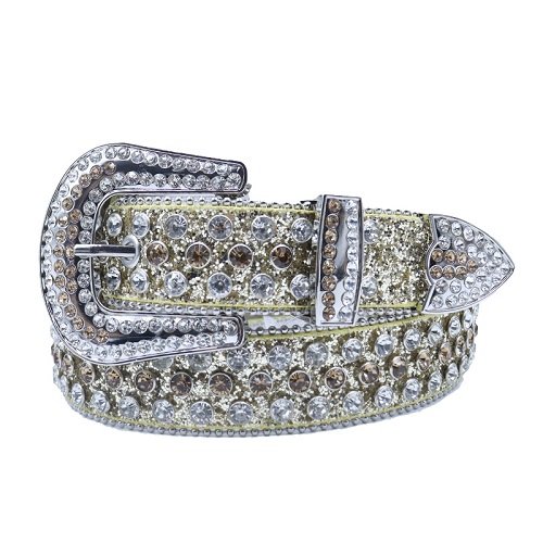 Shine from every angle with this stunning silver belt, featuring a glittered base and a mix of champagne and clear rhinestones. Finished with a fully crystal-studded Western buckle for that extra pop of glam. Add a touch of luxury and sparkle to your outfit with the Unisex Silver Leather Belt from Real Rhinestone. Featuring a shiny Silver leather strap, this stylish belt is adorned with champagne and clear Color diamond rhinestones, creating a bold and glamorous look. The silver buckle, decorated with champagne and clear crystal rhinestones, enhances the design with extra shine and sophistication. Designed for versatility and comfort, this belt is perfect for both casual and dressy occasions. Whether you are looking to complete a hip-hop-inspired outfit, make a statement at an event, or simply add some extra bling to your wardrobe, this belt is the perfect accessory. Its adjustable fit ensures all-day comfort, while the high-quality materials guarantee durability and long-lasting wear. Elevate your style effortlessly with the Unisex Silver Leather Belt. Whether you are hitting the stage, going out with friends, or just upgrading your everyday look, this belt is a must-have. Order now from Real Rhinestone and bring some diamond-studded brilliance to your collection. Material: Premium Leather Rhinestone: Luxury Hand-Set High-Gloss Crystal Diamond Embellishments Buckle Type: Classic horseshoe Zinc Buckle Set Featuring Engraved Design & Sparkling Rhinestones Width: 4cm (1.5 Inch) Style: Streetwear, Cowboy, Western, Partywear, Festivals & Performances, Fashion, Hip Hop, Bling, Diamond Belt Measurement: Please note that measurements may vary by 1-2 cm. Our belts are measured from the fold where the buckle is attached to the middle hole. For the best fit, we recommend measuring a belt you already own from the fold to the hole you use most frequently. Ideally, the belt should be worn on the third hole for optimal fit and comfort.