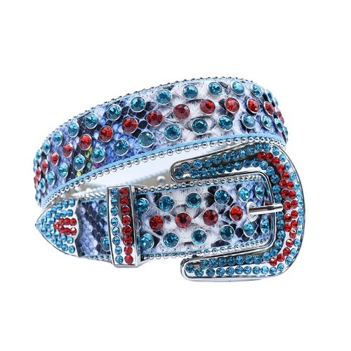 Unisex Glossy White Faux Snakeskin Belt Decorated with Red and Blue Rhinestones and a Stylish Horseshoe Buckle Add a touch of sparkle to your outfit with the Unisex White Faux Snakeskin Belt Leather Belt from Real Rhinestone. Featuring a sleek White Faux Snakeskin Belt, this stylish belt is adorned with Red And Blue Color diamond rhinestones, creating a bold and glamorous look. The Silver buckle, decorated with red and blue crystal rhinestones, enhances the design with extra shine and sophistication. Designed for versatility and comfort, this belt is perfect for both casual and dressy occasions. Whether you are looking to complete a hip-hop-inspired outfit, make a statement at an event, or simply add some extra bling to your wardrobe, this belt is the perfect accessory. Its adjustable fit ensures all-day comfort, while the high-quality materials guarantee durability and long-lasting wear. Elevate your style effortlessly with the Unisex White Faux Snakeskin Belt Leather Belt. Whether you are hitting the stage, going out with friends, or just upgrading your everyday look, this belt is a must-have. Order now from Real Rhinestone and bring some diamond-studded brilliance to your collection. Material: Premium Leather Rhinestone: Luxury Hand-Set High-Gloss Crystal Diamond Embellishments Buckle Type: Classic horseshoe Zinc Buckle Set Featuring Engraved Design & Sparkling Rhinestones Width: 4cm (1.5 Inch) Style: Streetwear, Cowboy, Western, Partywear, Festivals & Performances, Fashion, Hip Hop, Bling, Diamond Belt Measurement: Please note that measurements may vary by 1-2 cm. Our belts are measured from the fold where the buckle is attached to the middle hole. For the best fit, we recommend measuring a belt you already own from the fold to the hole you use most frequently. Ideally, the belt should be worn on the third hole for optimal fit and comfort.
