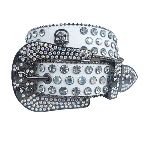 Unisex white leather belt, with studded skulls and Iridescent rhinestones decorated in a distinctive pattern. Add a touch of luxury and sparkle to your outfit with the Unisex White Leather Belt from Real Rhinestone. Featuring a white leather strap, this stylish belt is adorned with Iridescent Color diamond rhinestones, creating a bold and glamorous look. The Gray buckle, decorated with Iridescent crystal rhinestones, enhances the design with extra shine and sophistication. Designed for versatility and comfort, this belt is perfect for both casual and dressy occasions. Whether you are looking to complete a hip-hop-inspired outfit, make a statement at an event, or simply add some extra bling to your wardrobe, this belt is the perfect accessory. Its adjustable fit ensures all-day comfort, while the high-quality materials guarantee durability and long-lasting wear. Elevate your style effortlessly with the Unisex White Leather Belt. Whether you are hitting the stage, going out with friends, or just upgrading your everyday look, this belt is a must-have. Order now from Real Rhinestone and bring some diamond-studded brilliance to your collection. Material: Premium Leather Rhinestone: Luxury Hand-Set High-Gloss Crystal Diamond Embellishments Buckle Type: Classic horseshoe Zinc Buckle Set Featuring Engraved Design & Sparkling Rhinestones Width: 4cm (1.5 Inch) Style: Streetwear, Cowboy, Western, Partywear, Festivals & Performances, Fashion, Hip Hop, Bling, Diamond Belt Measurement: Please note that measurements may vary by 1-2 cm. Our belts are measured from the fold where the buckle is attached to the middle hole. For the best fit, we recommend measuring a belt you already own from the fold to the hole you use most frequently. Ideally, the belt should be worn on the third hole for optimal fit and comfort.