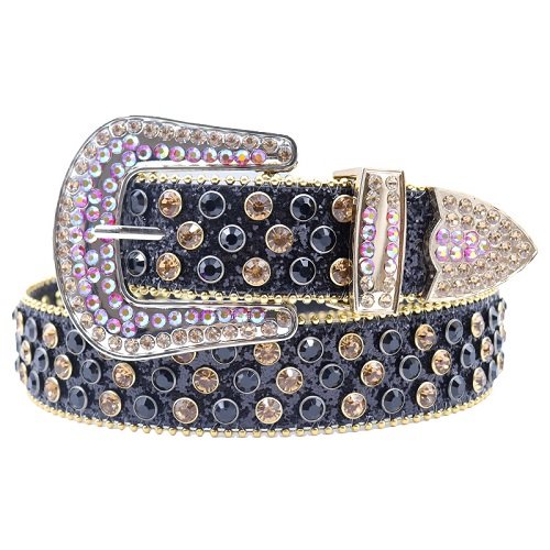 Unisex black shimmer leather belt, with gold, black and pink rhinestones decorated in a bold western-inspired pattern. Add a touch of luxury and sparkle to your outfit with the Unisex Black Leather Belt from Real Rhinestone. Featuring a black leather strap, this stylish belt is adorned with gold and black Color diamond rhinestones, creating a bold and glamorous look. The Gold buckle, decorated with pink and gold crystal rhinestones, enhances the design with extra shine and sophistication. Designed for versatility and comfort, this belt is perfect for both casual and dressy occasions. Whether you are looking to complete a hip-hop-inspired outfit, make a statement at an event, or simply add some extra bling to your wardrobe, this belt is the perfect accessory. Its adjustable fit ensures all-day comfort, while the high-quality materials guarantee durability and long-lasting wear. Elevate your style effortlessly with the Unisex Black Leather Belt. Whether you are hitting the stage, going out with friends, or just upgrading your everyday look, this belt is a must-have. Order now from Real Rhinestone and bring some diamond-studded brilliance to your collection. Material: Premium Leather Rhinestone: Luxury Hand-Set High-Gloss Crystal Diamond Embellishments Buckle Type: Classic horseshoe Zinc Buckle Set Featuring Engraved Design & Sparkling Rhinestones Width: 4cm (1.5 Inch) Style: Streetwear, Cowboy, Western, Partywear, Festivals & Performances, Fashion, Hip Hop, Bling, Diamond Belt Measurement: Please note that measurements may vary by 1-2 cm. Our belts are measured from the fold where the buckle is attached to the middle hole. For the best fit, we recommend measuring a belt you already own from the fold to the hole you use most frequently. Ideally, the belt should be worn on the third hole for optimal fit and comfort.
